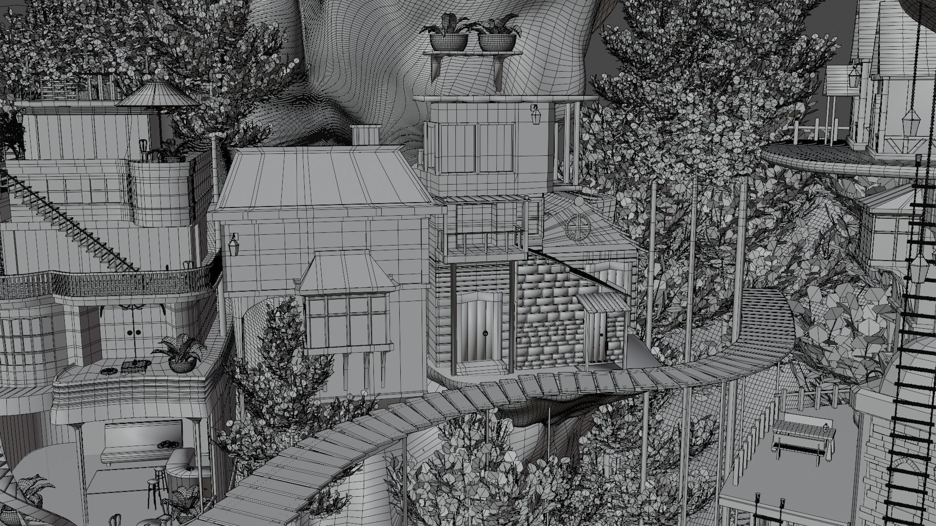 Fantasy treehouse village scene 3D model_36