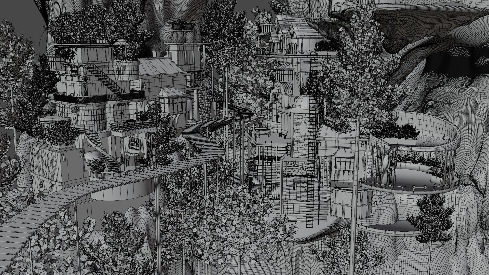 Fantasy treehouse village scene 3D model_32