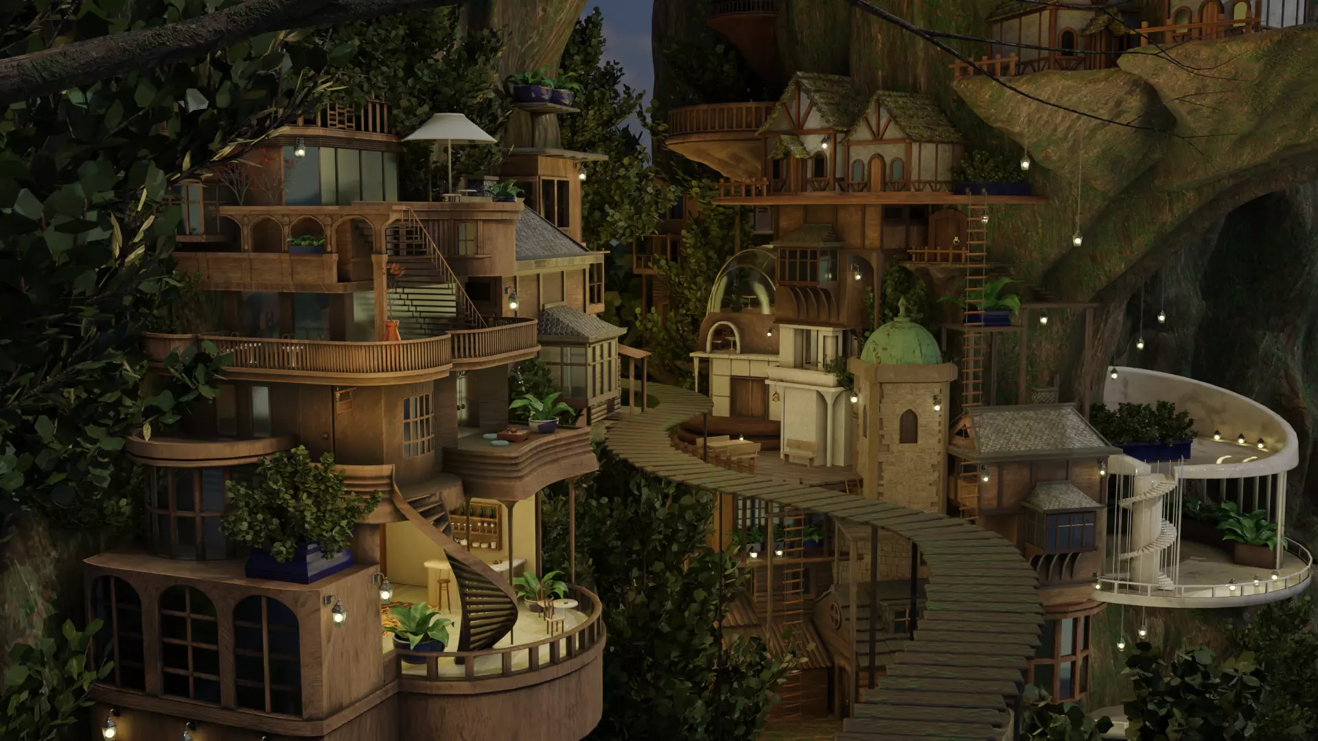 Fantasy treehouse village scene 3D model_0