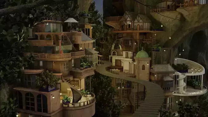 Fantasy treehouse village scene 3D model