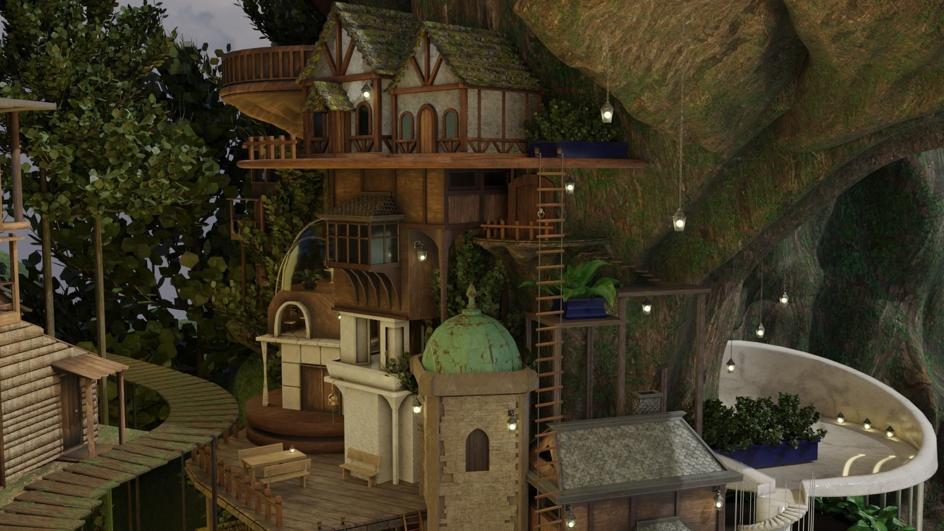 Fantasy treehouse village scene 3D model_4