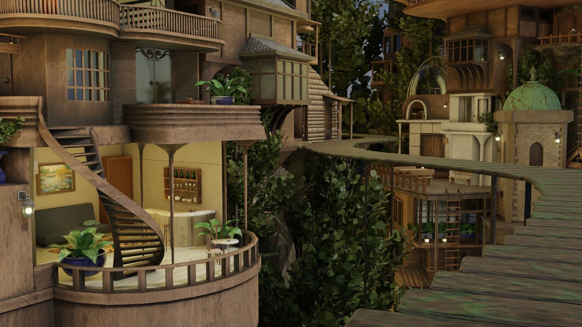 Fantasy treehouse village scene 3D model_12