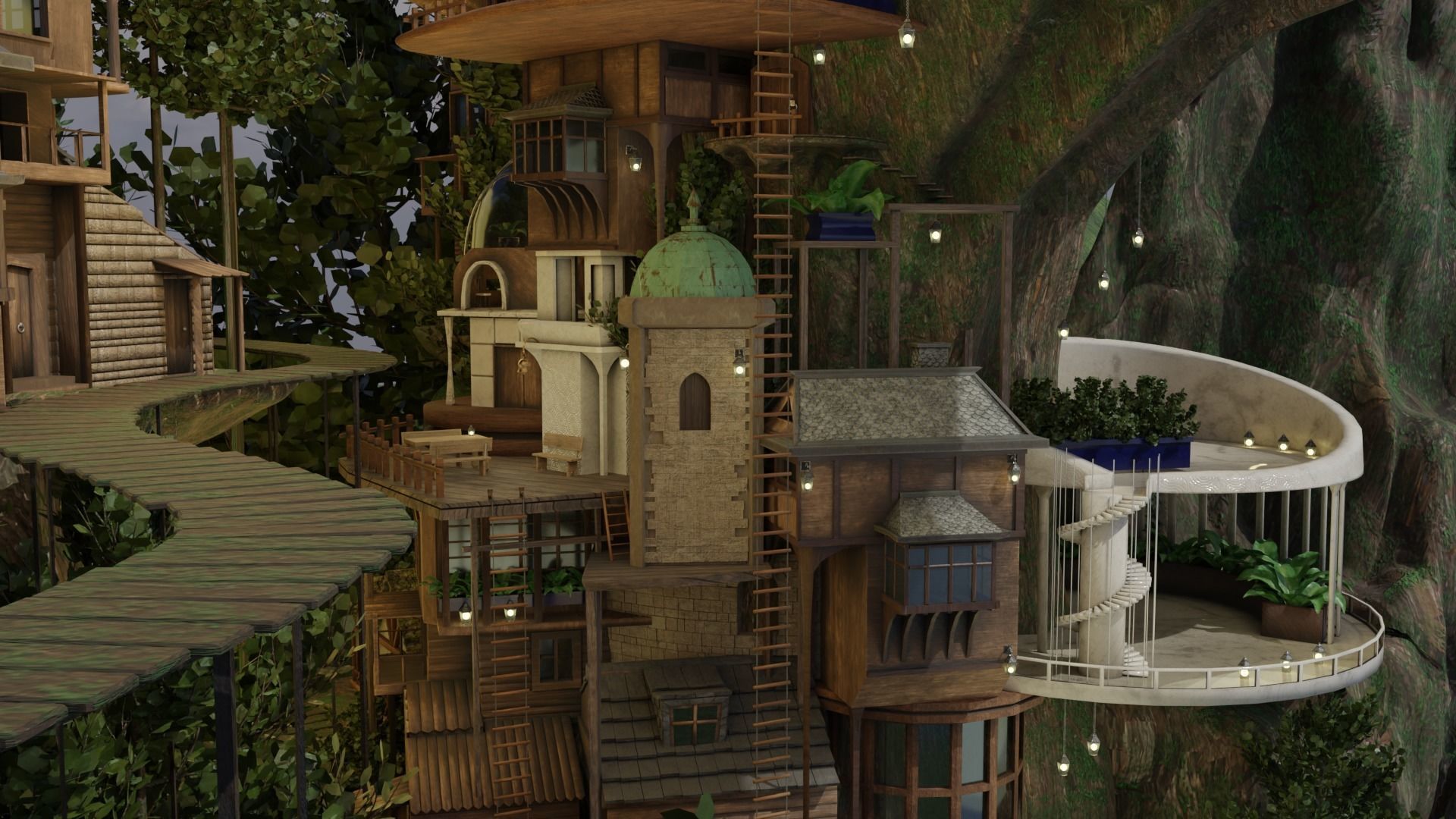 Fantasy treehouse village scene 3D model_15