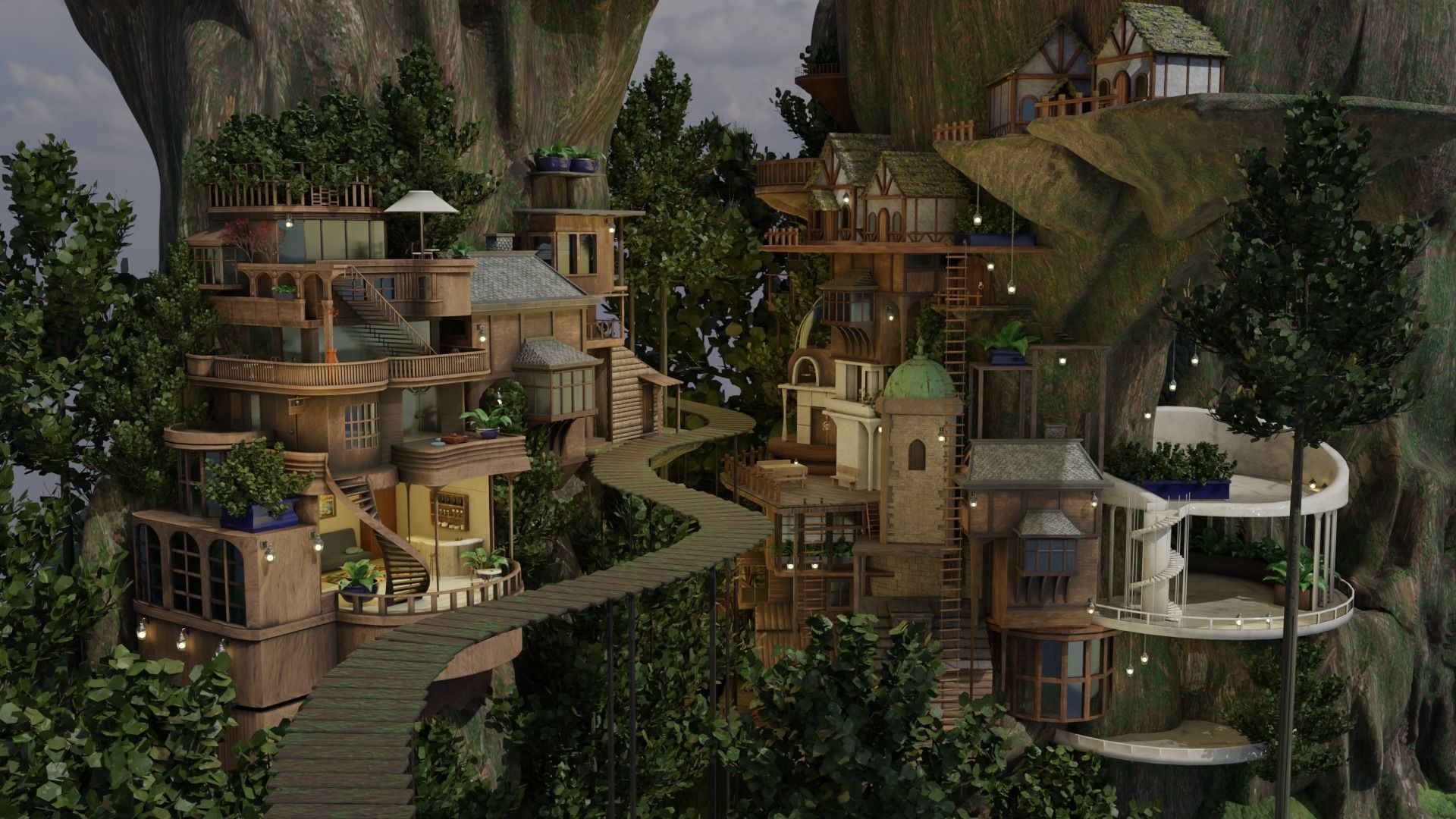 Fantasy treehouse village scene 3D model_18