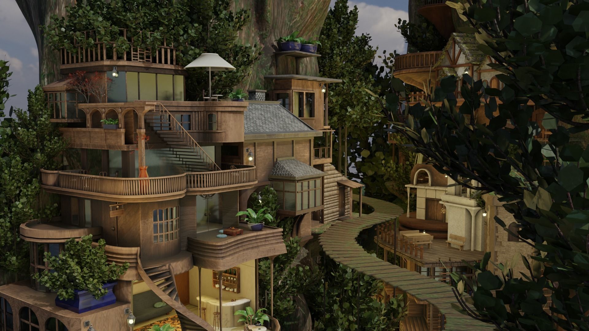 Fantasy treehouse village scene 3D model_11