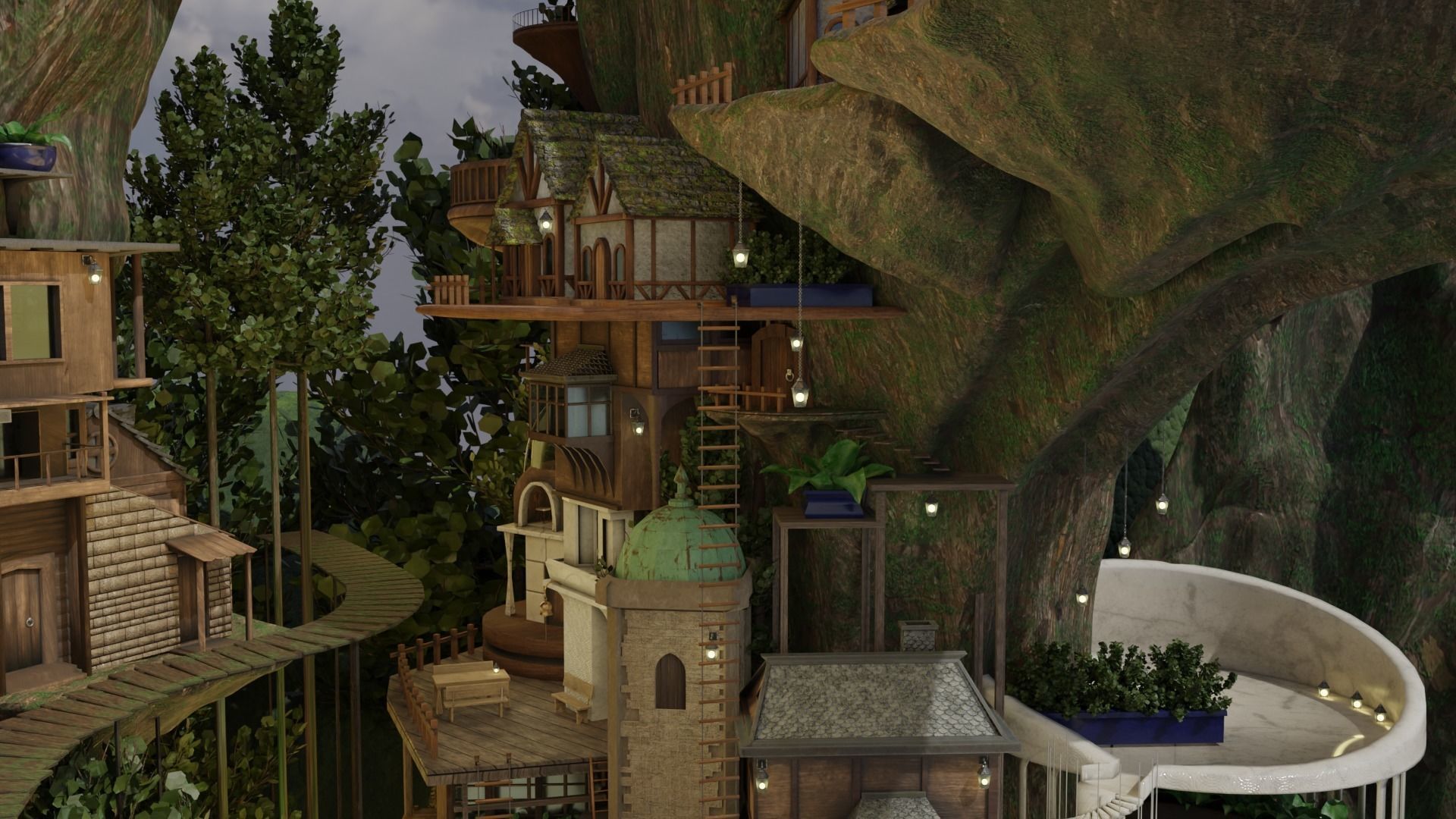 Fantasy treehouse village scene 3D model_30