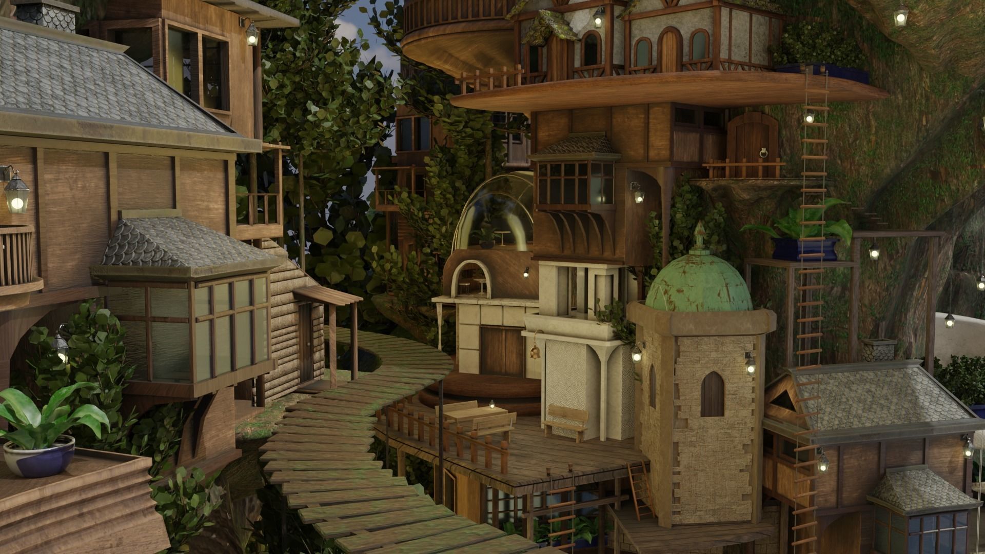Fantasy treehouse village scene 3D model_8