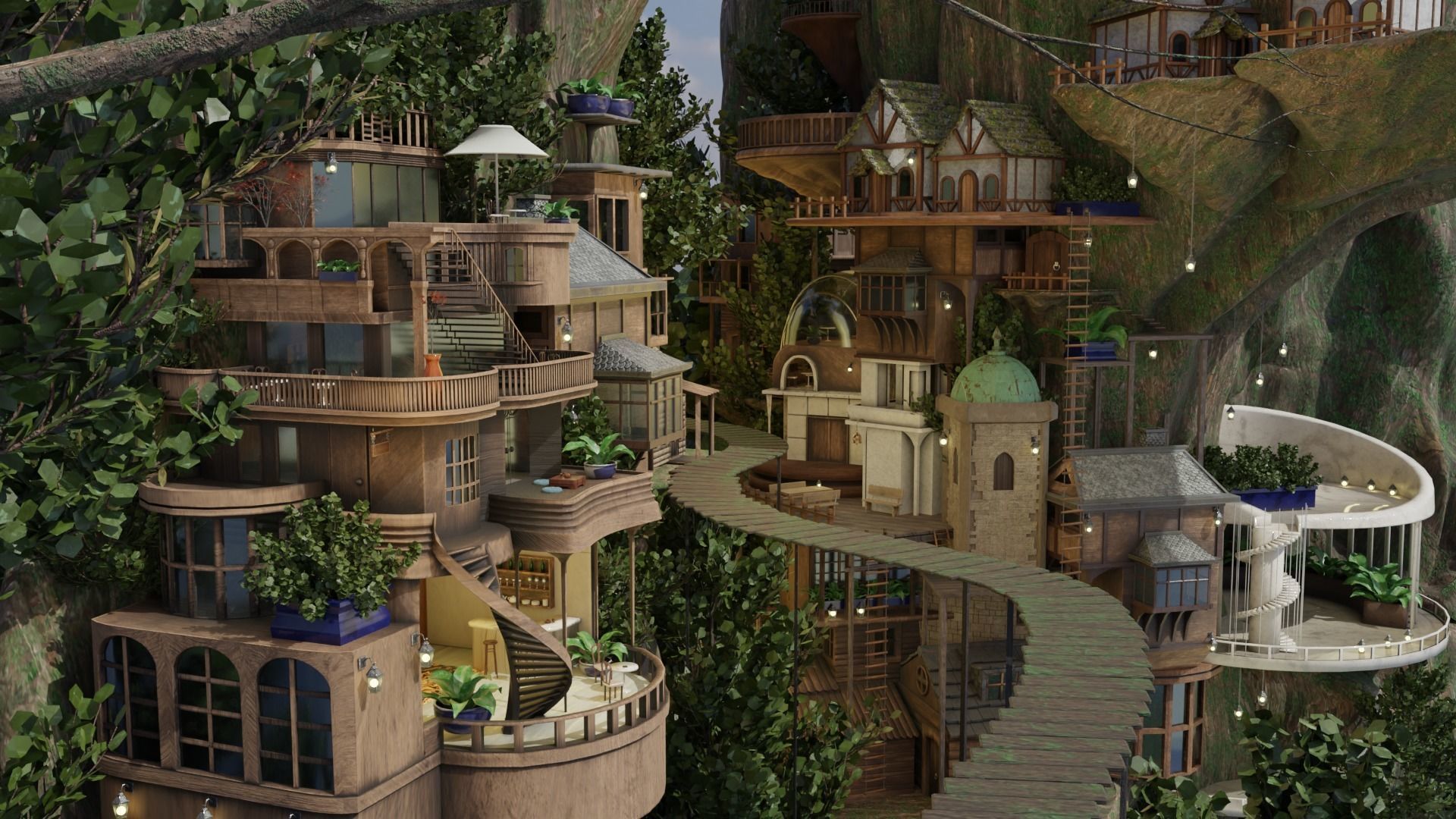 Fantasy treehouse village scene 3D model_21