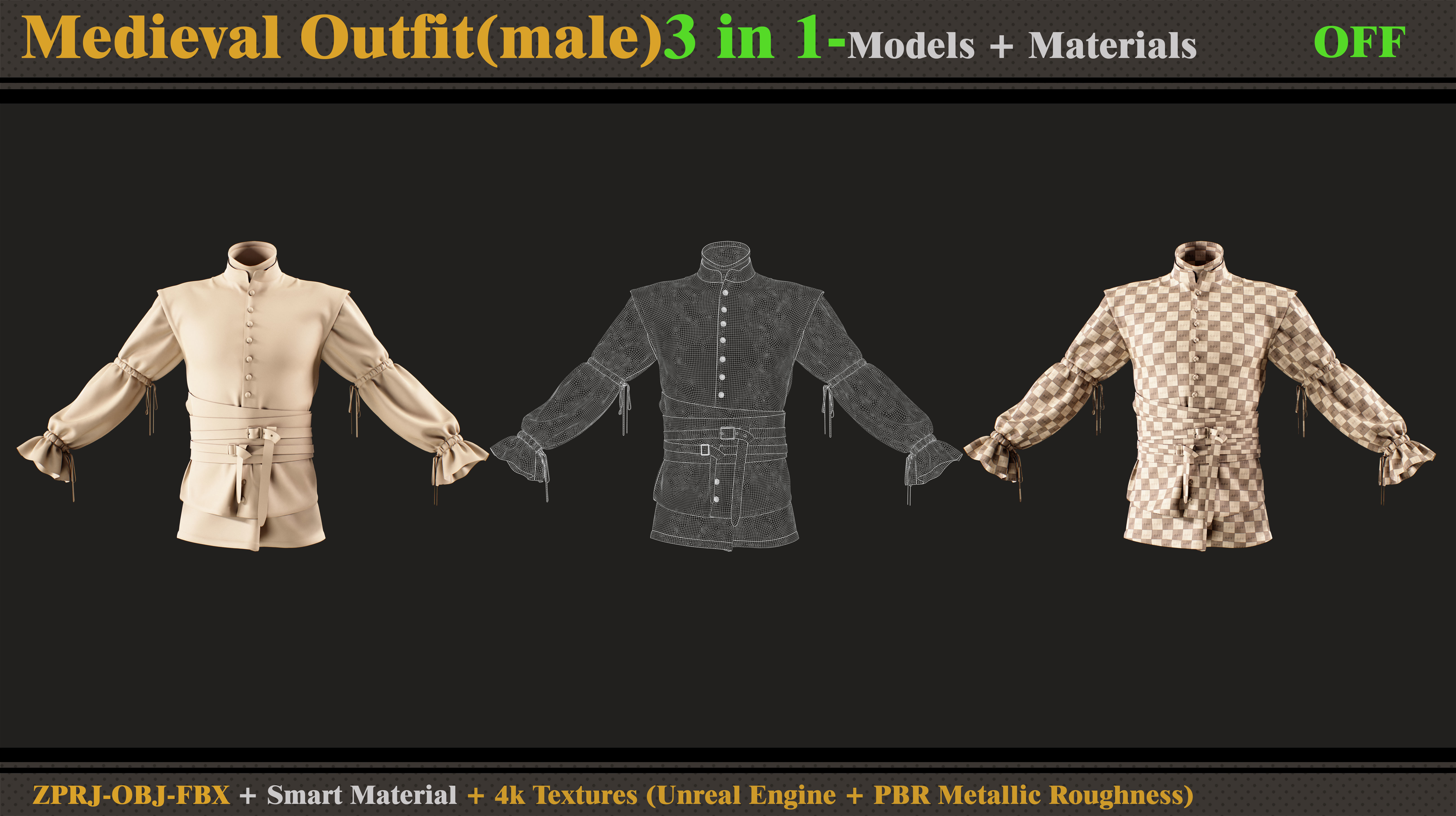 3 in 1 Medieval Outfit-MALE-MD-Clo3d-OBJ- FBX-Material- Textures 3D model_8