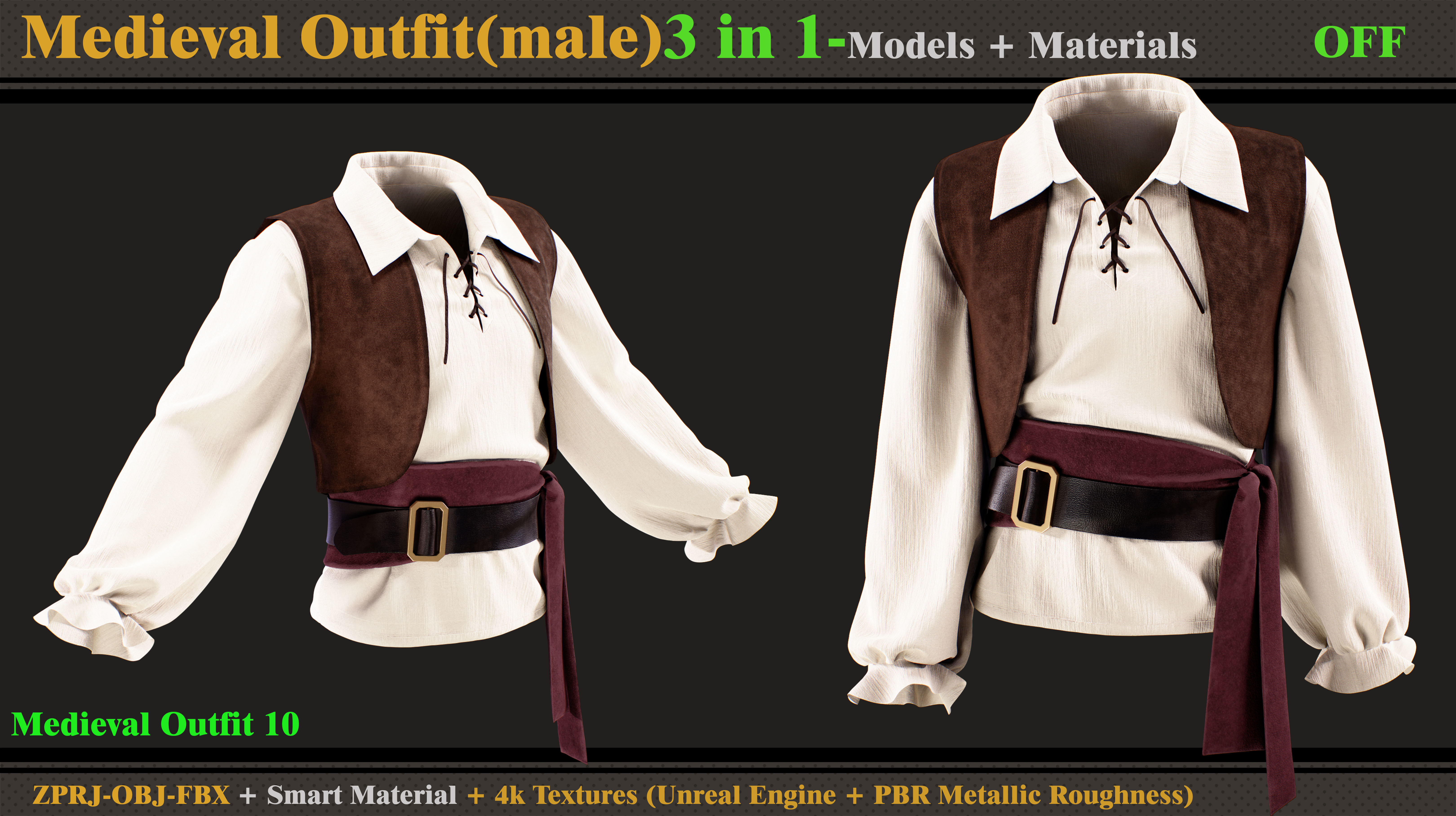 3 in 1 Medieval Outfit-MALE-MD-Clo3d-OBJ- FBX-Material- Textures 3D model_1