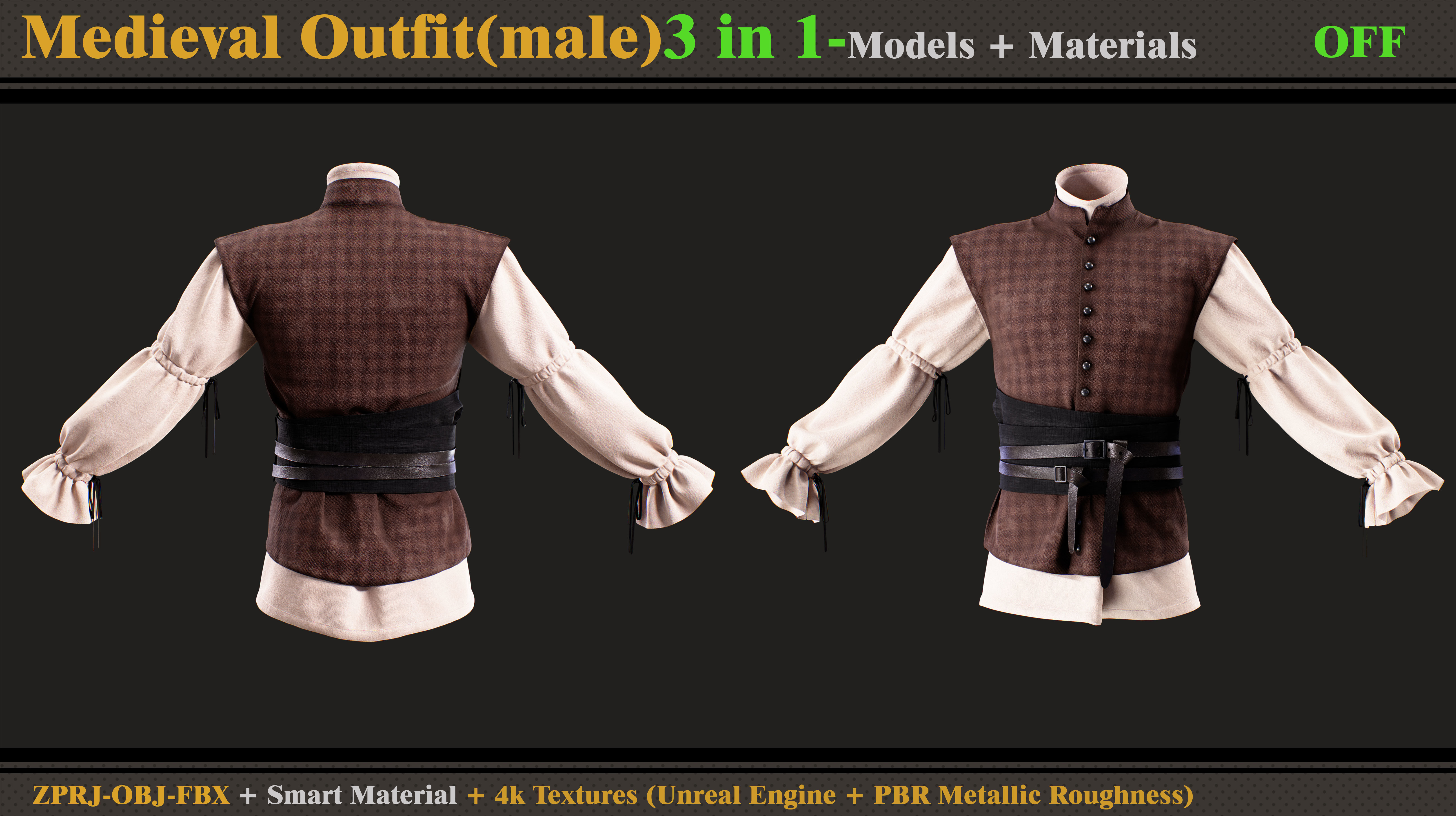 3 in 1 Medieval Outfit-MALE-MD-Clo3d-OBJ- FBX-Material- Textures 3D model_6