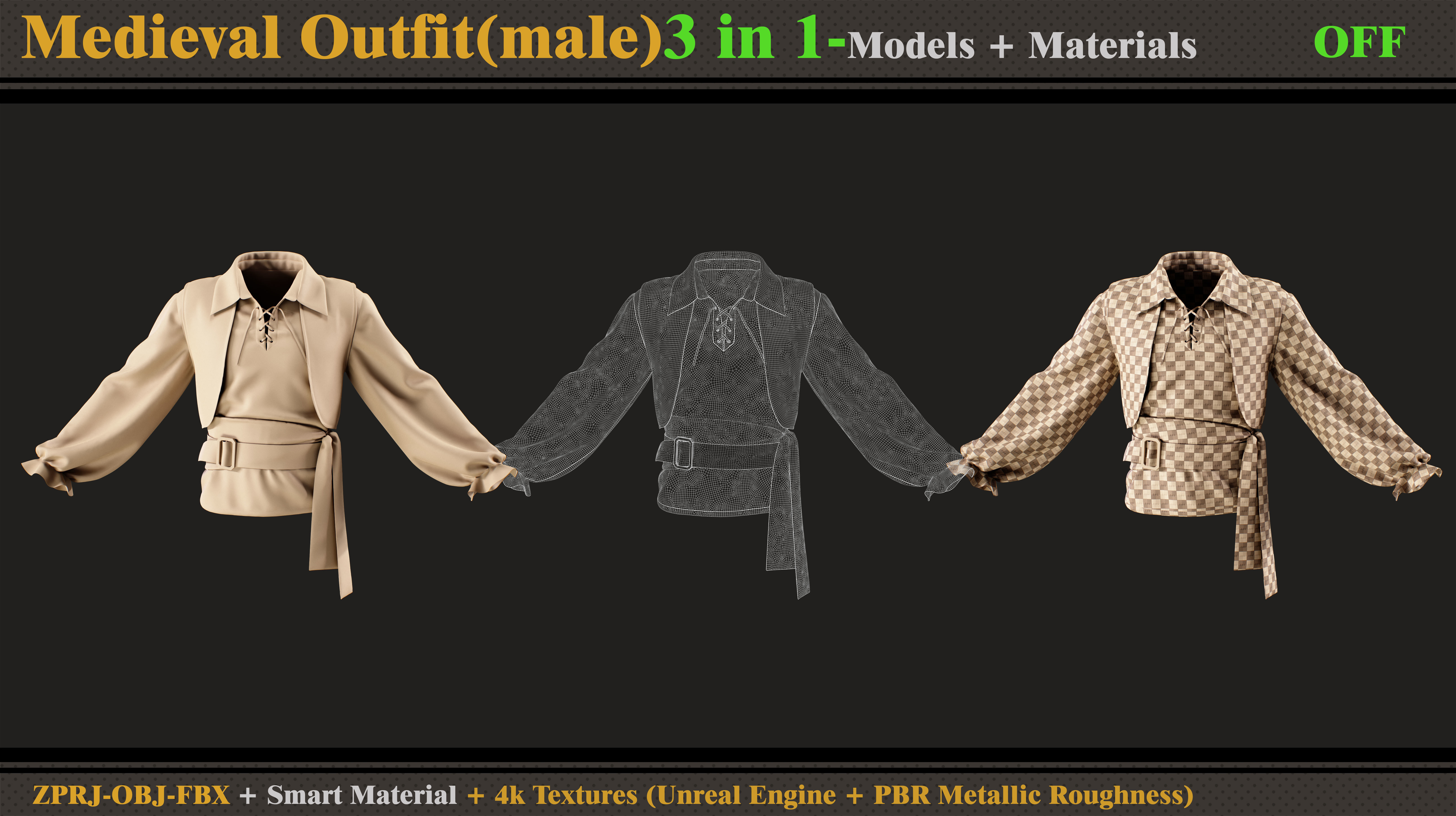 3 in 1 Medieval Outfit-MALE-MD-Clo3d-OBJ- FBX-Material- Textures 3D model_9