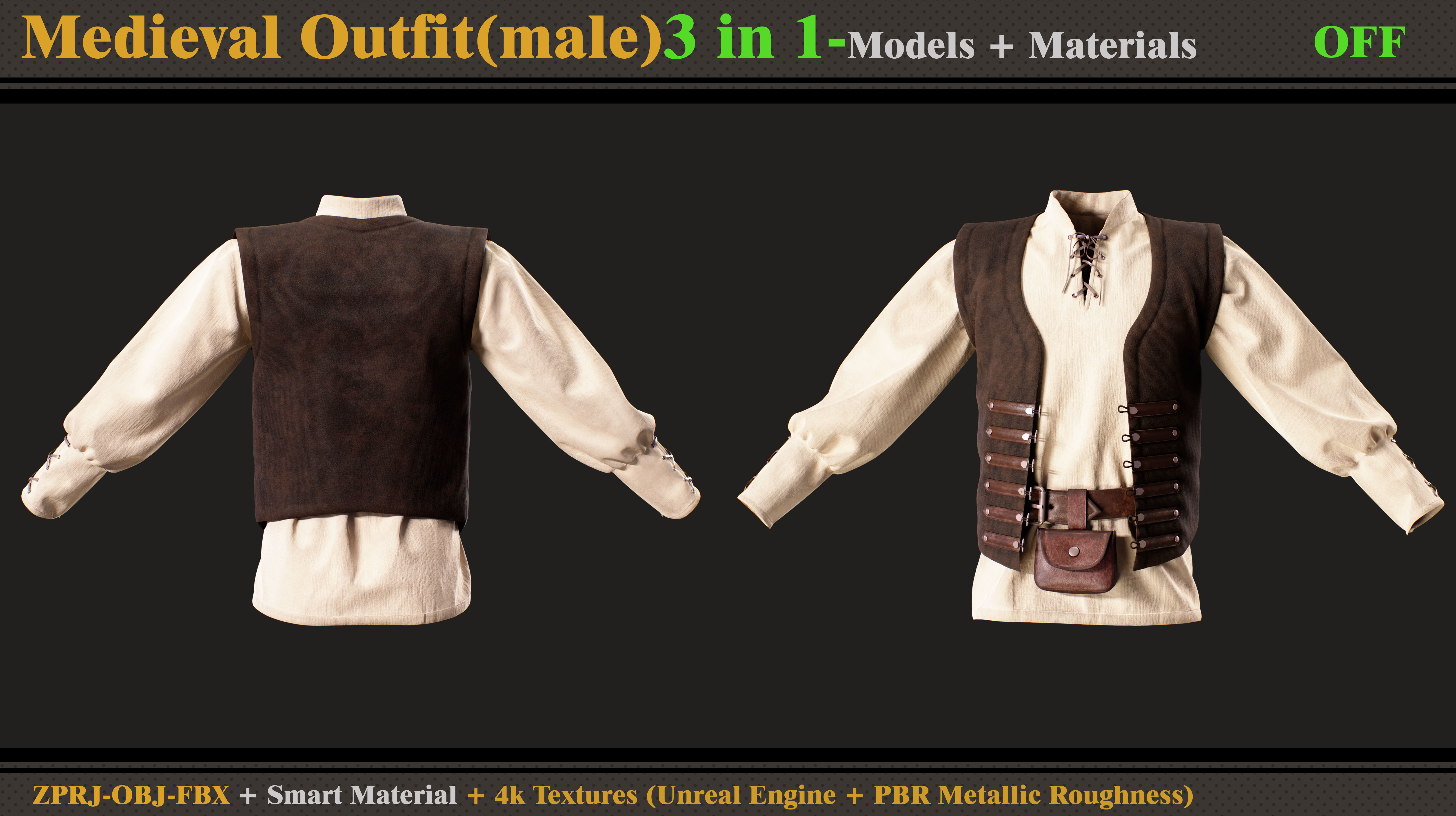 3 in 1 Medieval Outfit-MALE-MD-Clo3d-OBJ- FBX-Material- Textures 3D model_4
