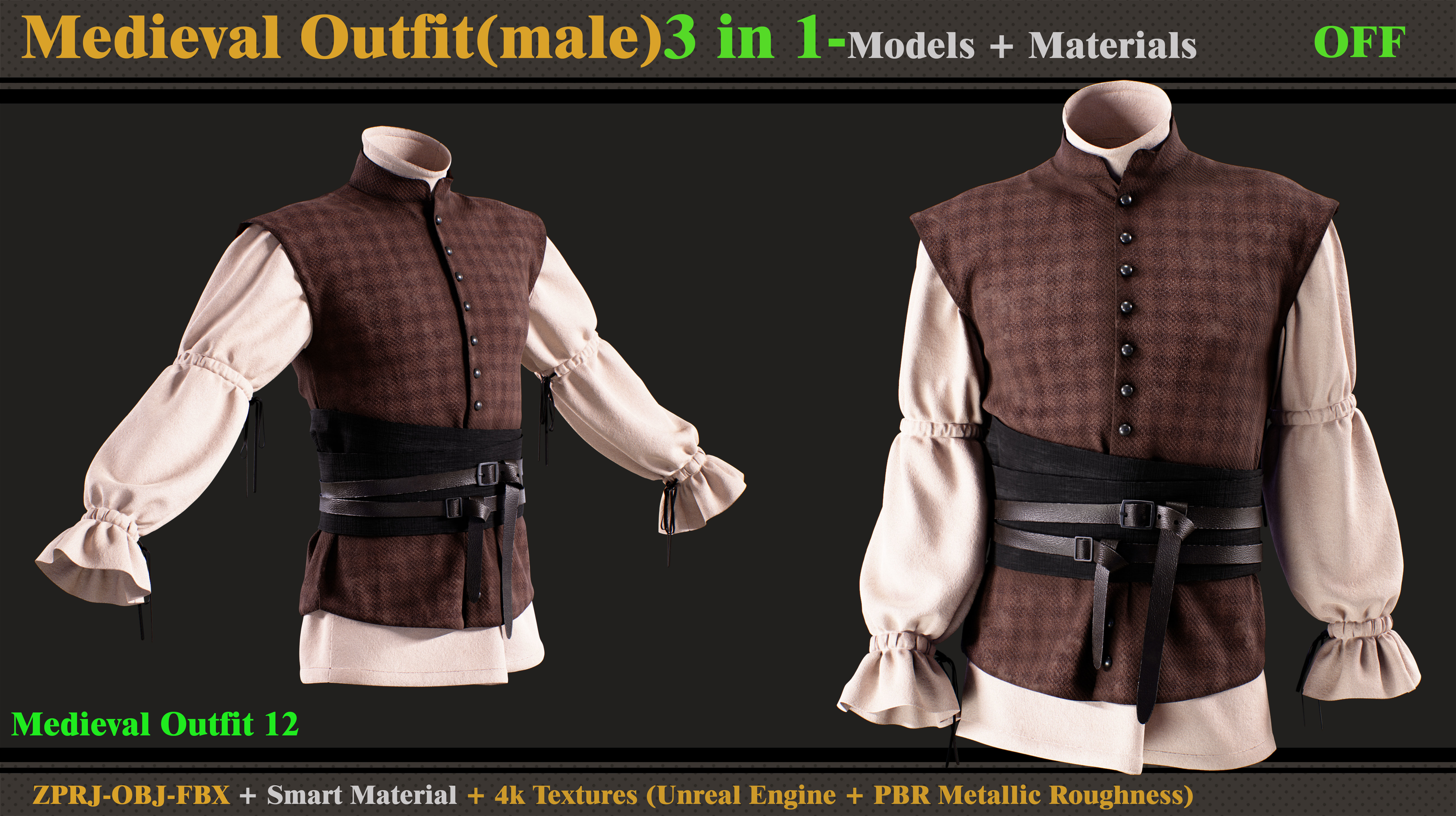 3 in 1 Medieval Outfit-MALE-MD-Clo3d-OBJ- FBX-Material- Textures 3D model_3