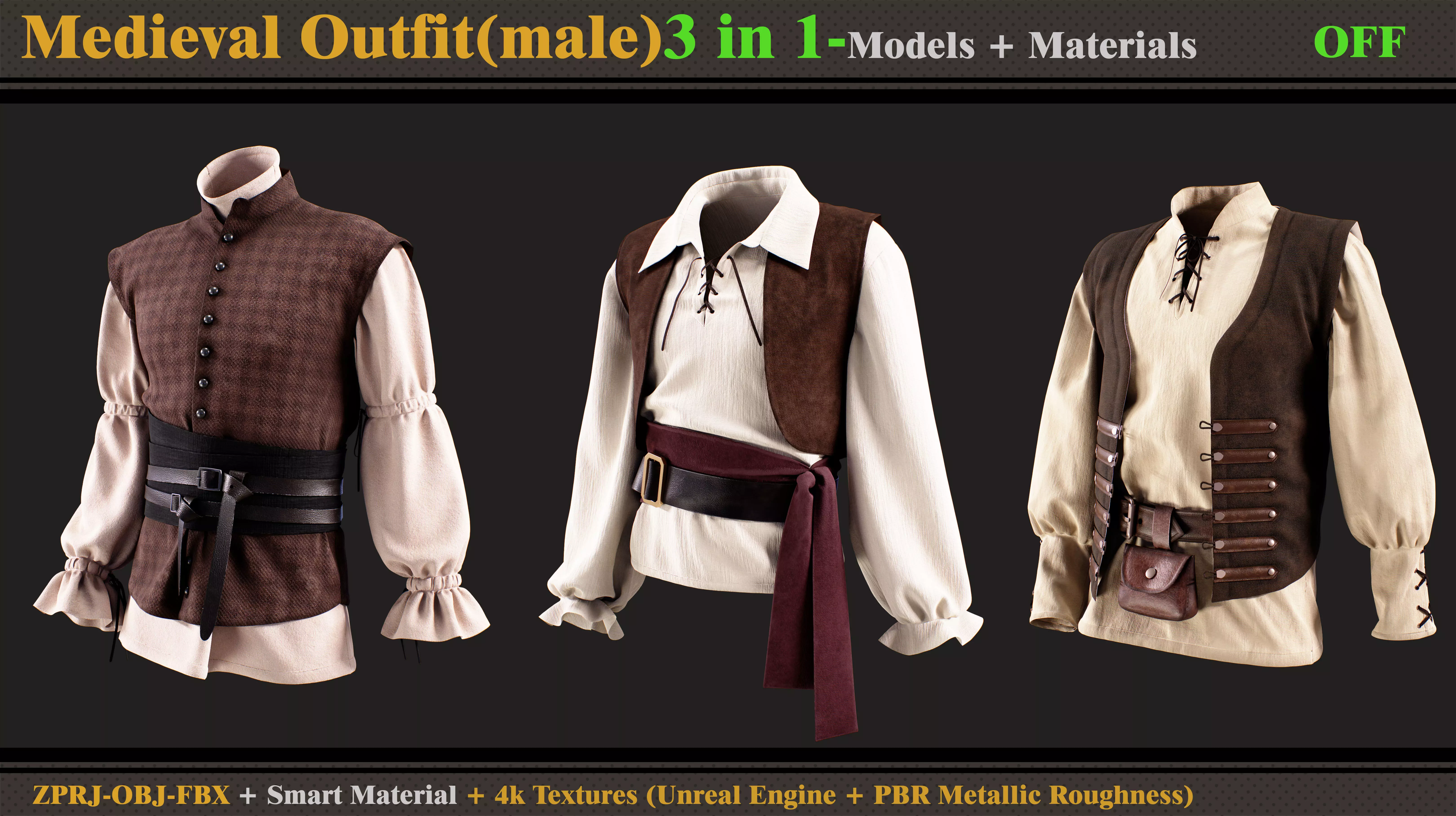 3 in 1 Medieval Outfit-MALE-MD-Clo3d-OBJ- FBX-Material- Textures 3D model_0