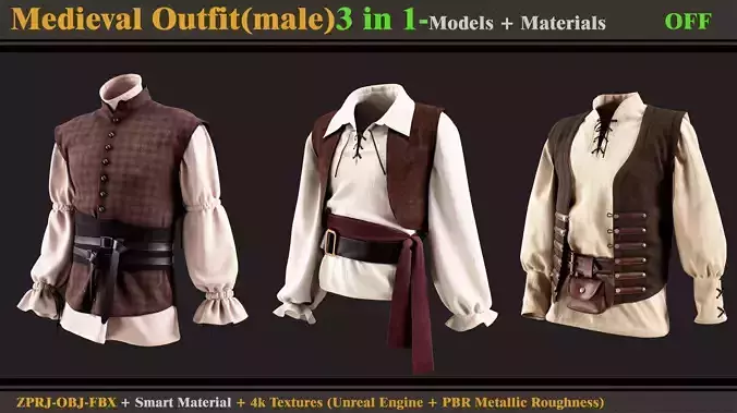 3 in 1 Medieval Outfit-MALE-MD-Clo3d-OBJ- FBX-Material- Textures