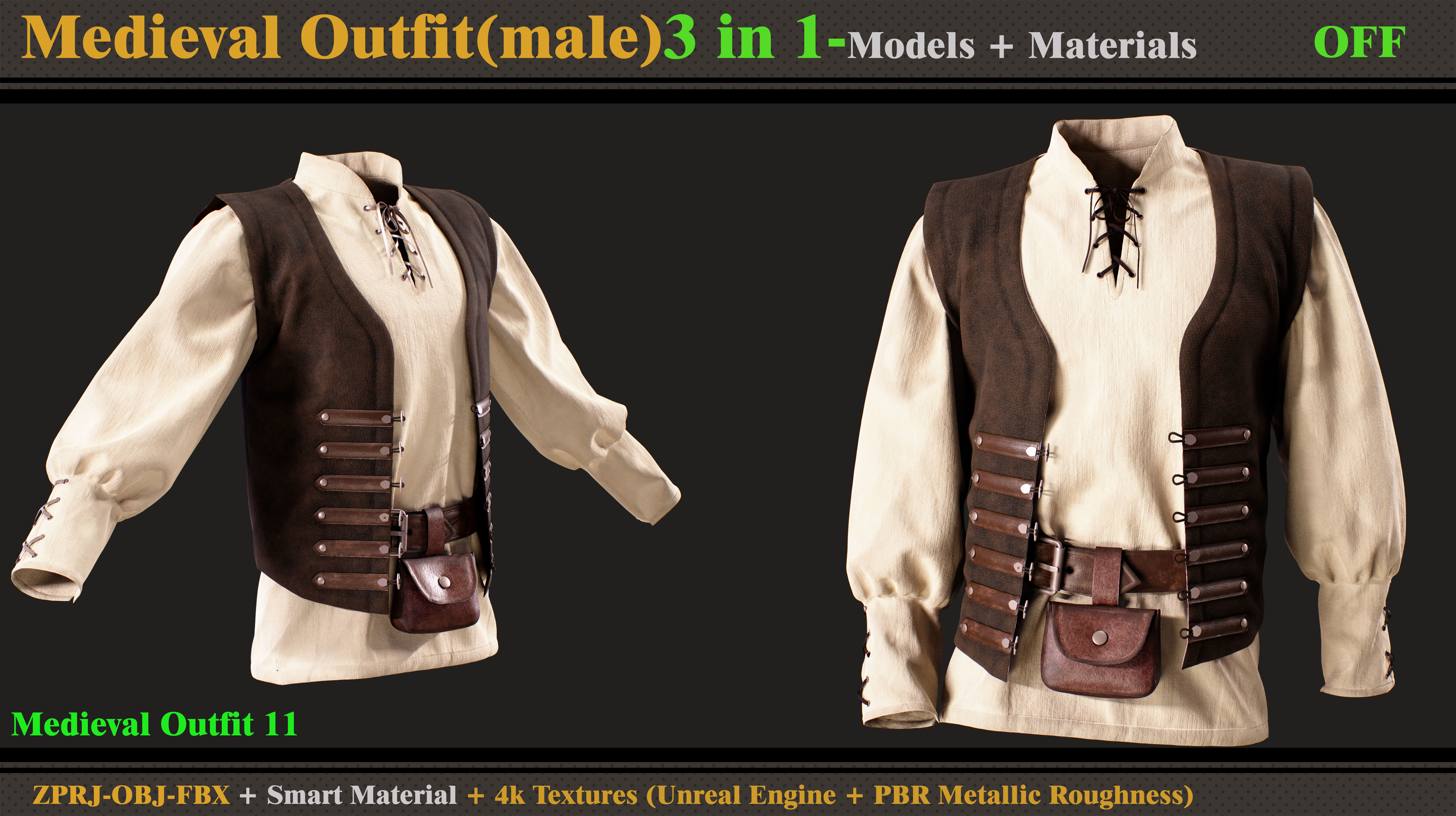 3 in 1 Medieval Outfit-MALE-MD-Clo3d-OBJ- FBX-Material- Textures 3D model_2