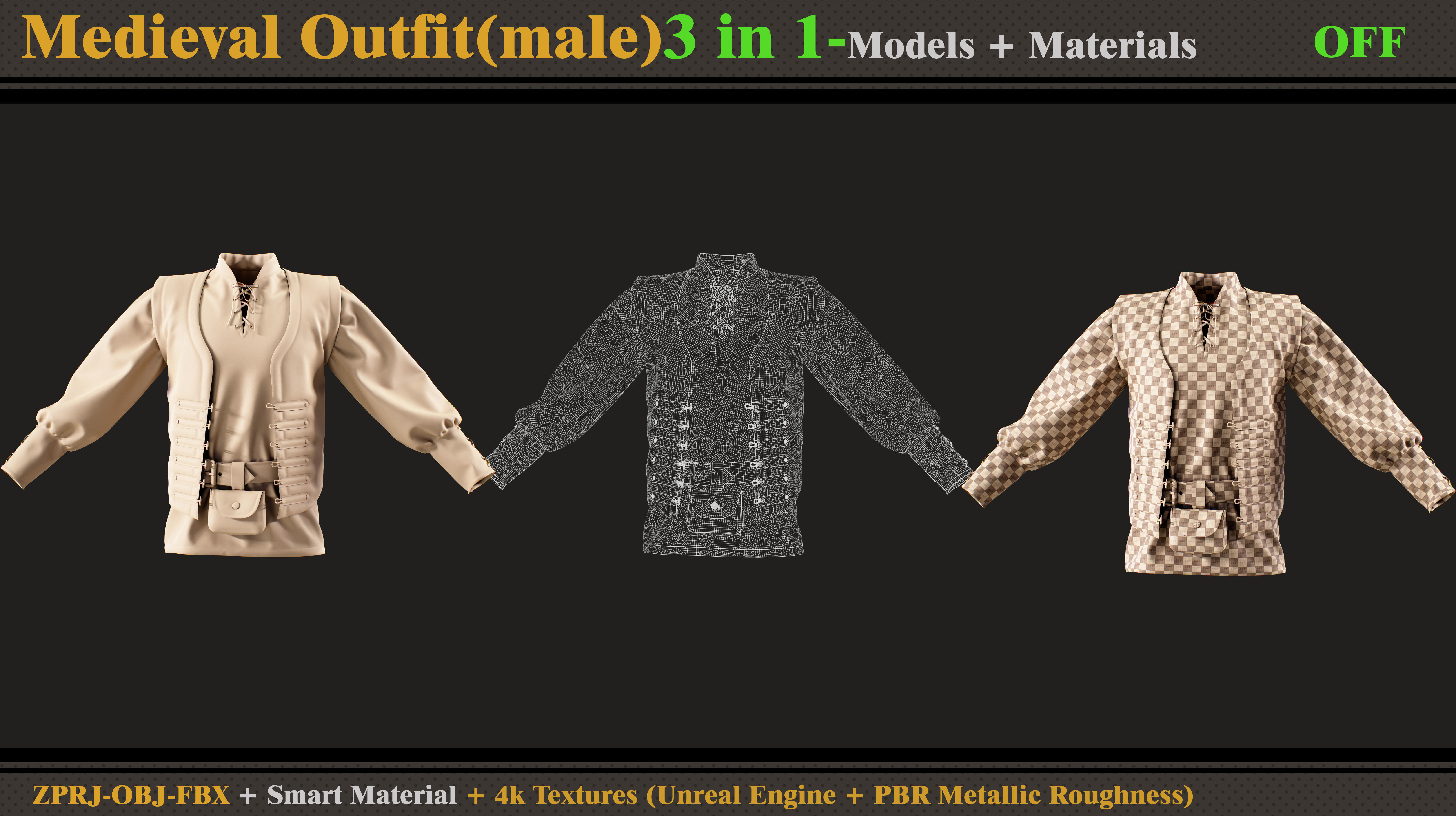 3 in 1 Medieval Outfit-MALE-MD-Clo3d-OBJ- FBX-Material- Textures 3D model_7