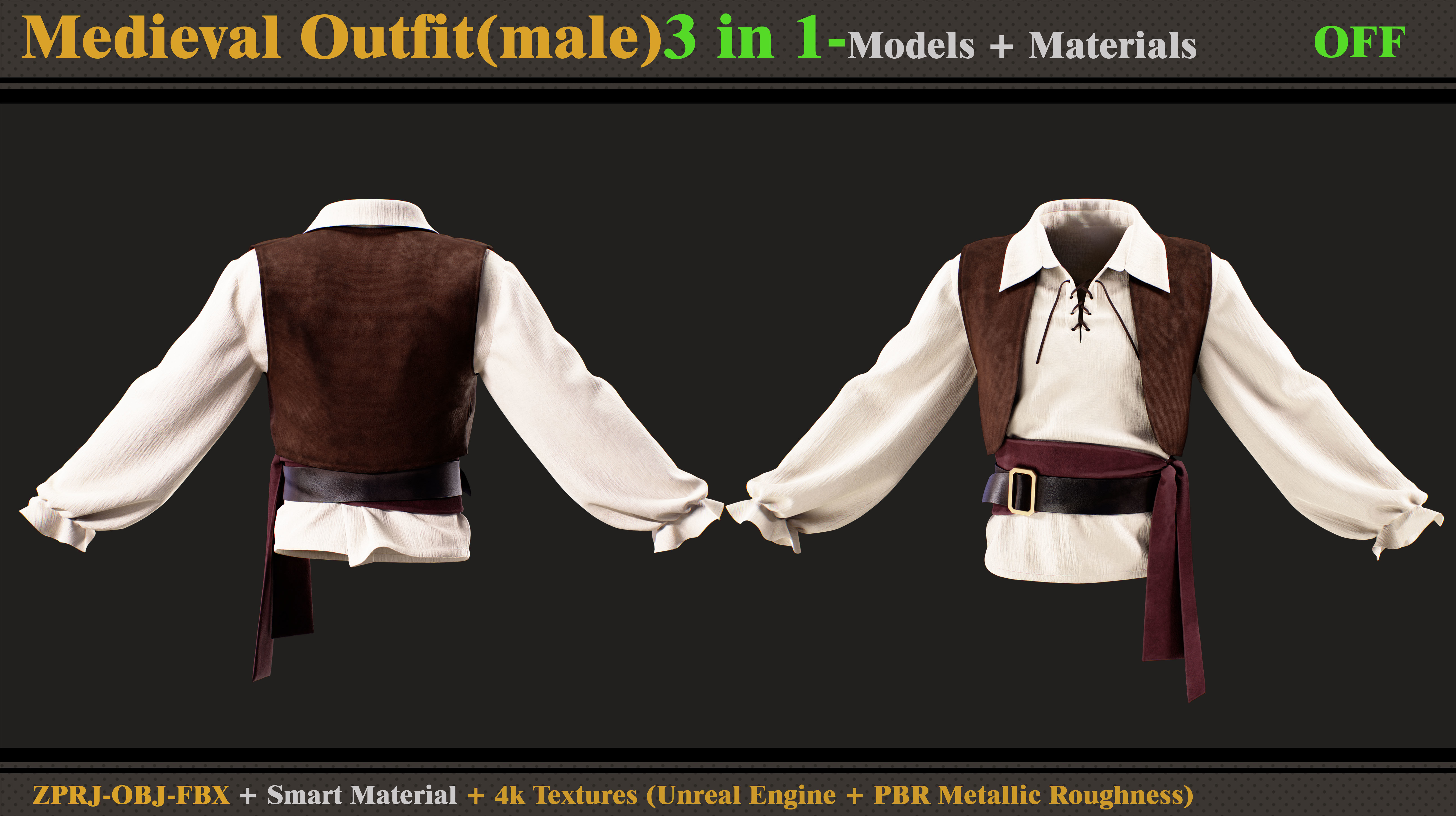 3 in 1 Medieval Outfit-MALE-MD-Clo3d-OBJ- FBX-Material- Textures 3D model_5