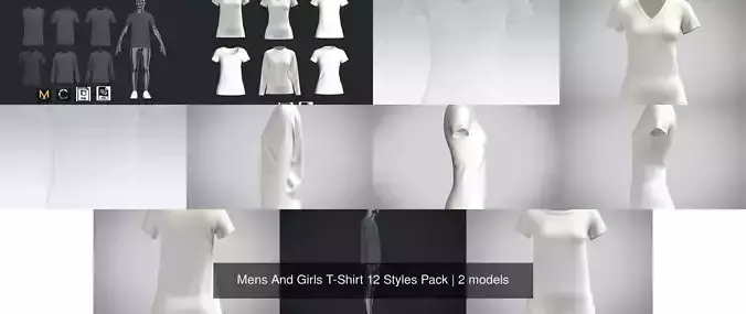 Mens And Girls T-Shirt 12 Styles Pack 3D Model Collection