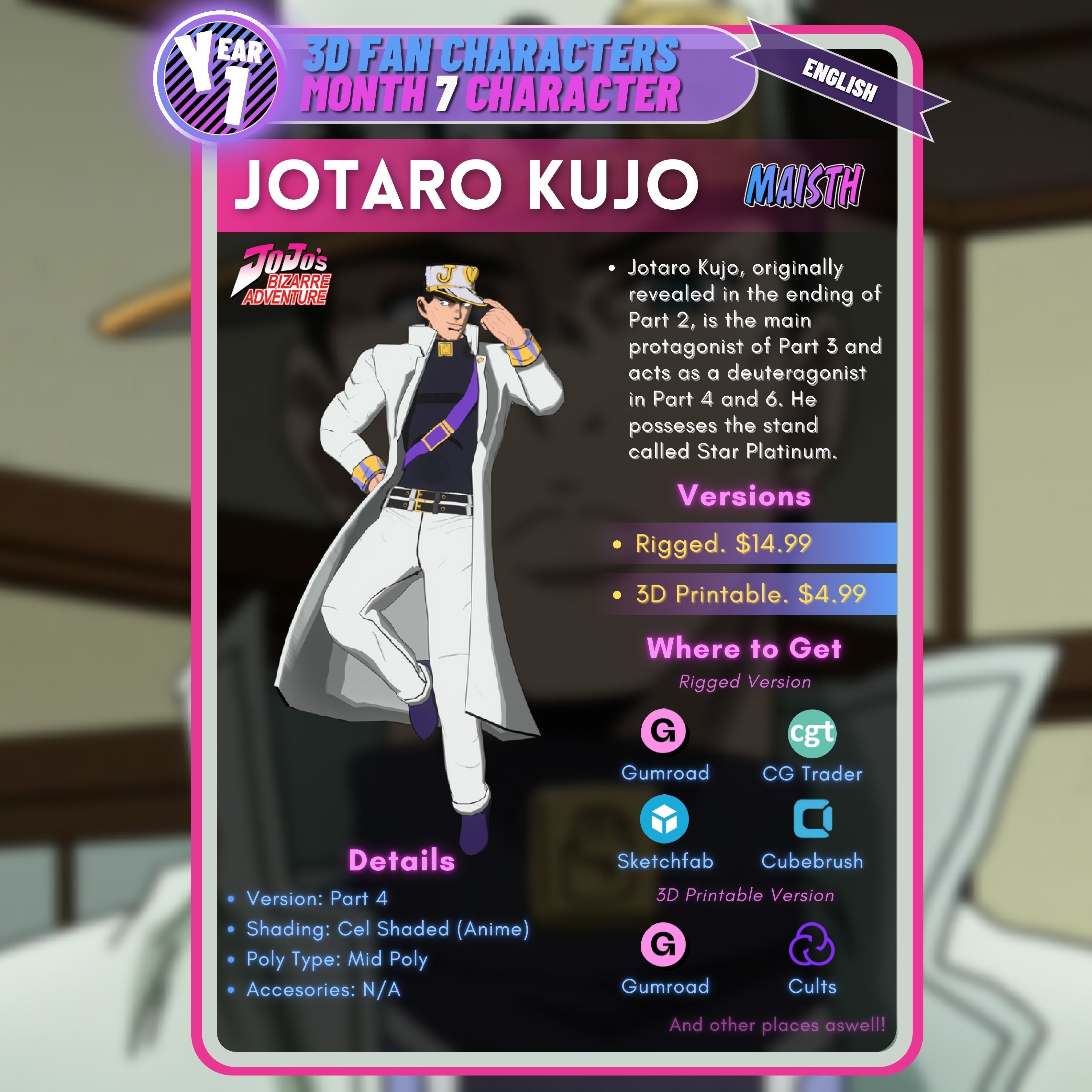 Jotaro Kujo - JoJo - 3D Model - Rigged Low-poly 3D model_2
