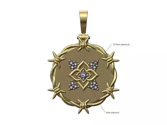 Diamond flower barbwire round pendant with bail