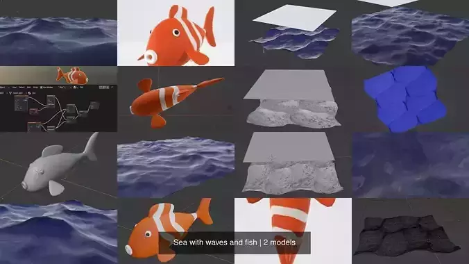 Sea with waves and fish 3D Model Collection