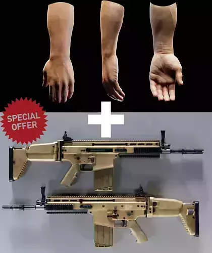 Human Hand and Assault Rifle  Low-poly 3D model