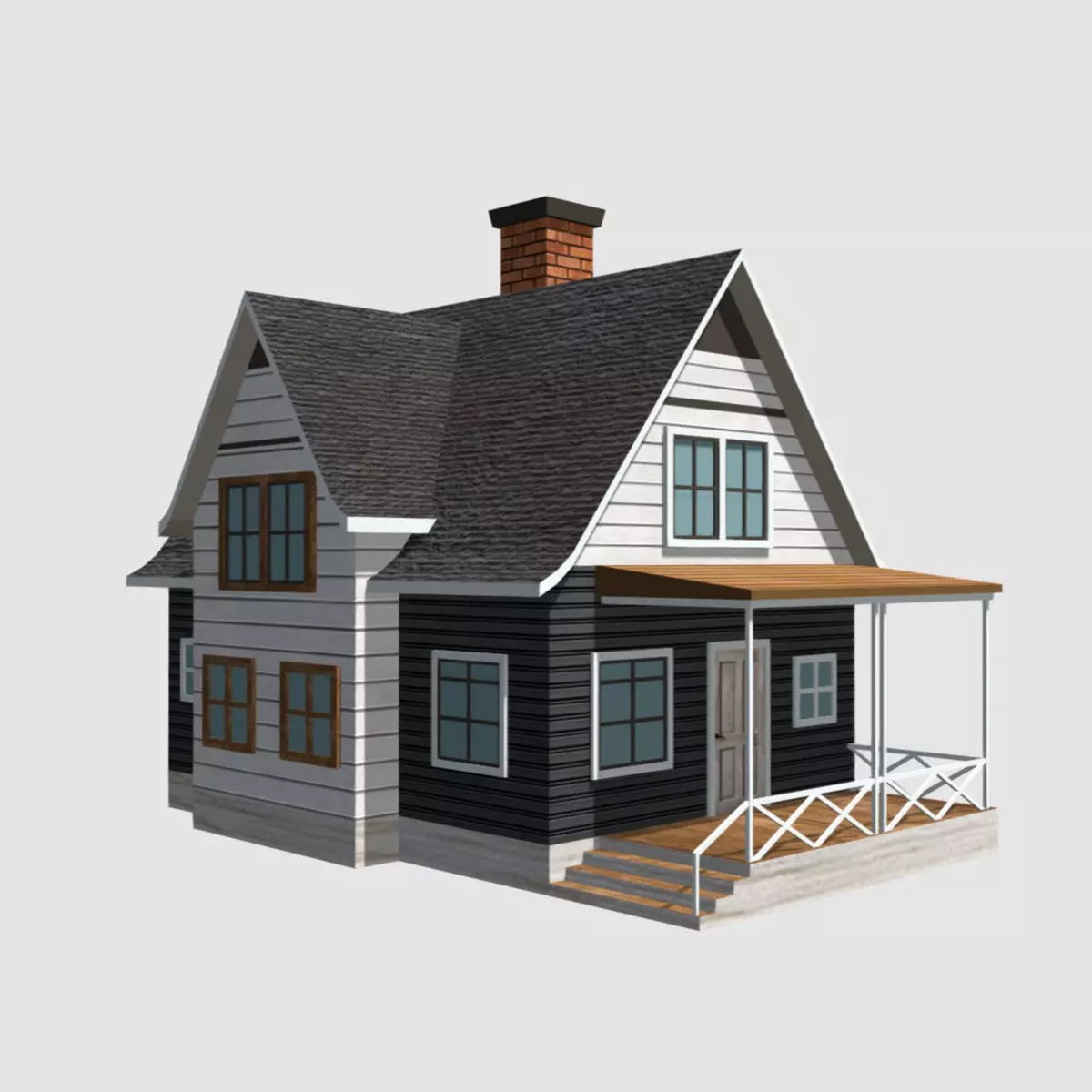 American Style Cottage - Town House Model Low-poly 3D model_0