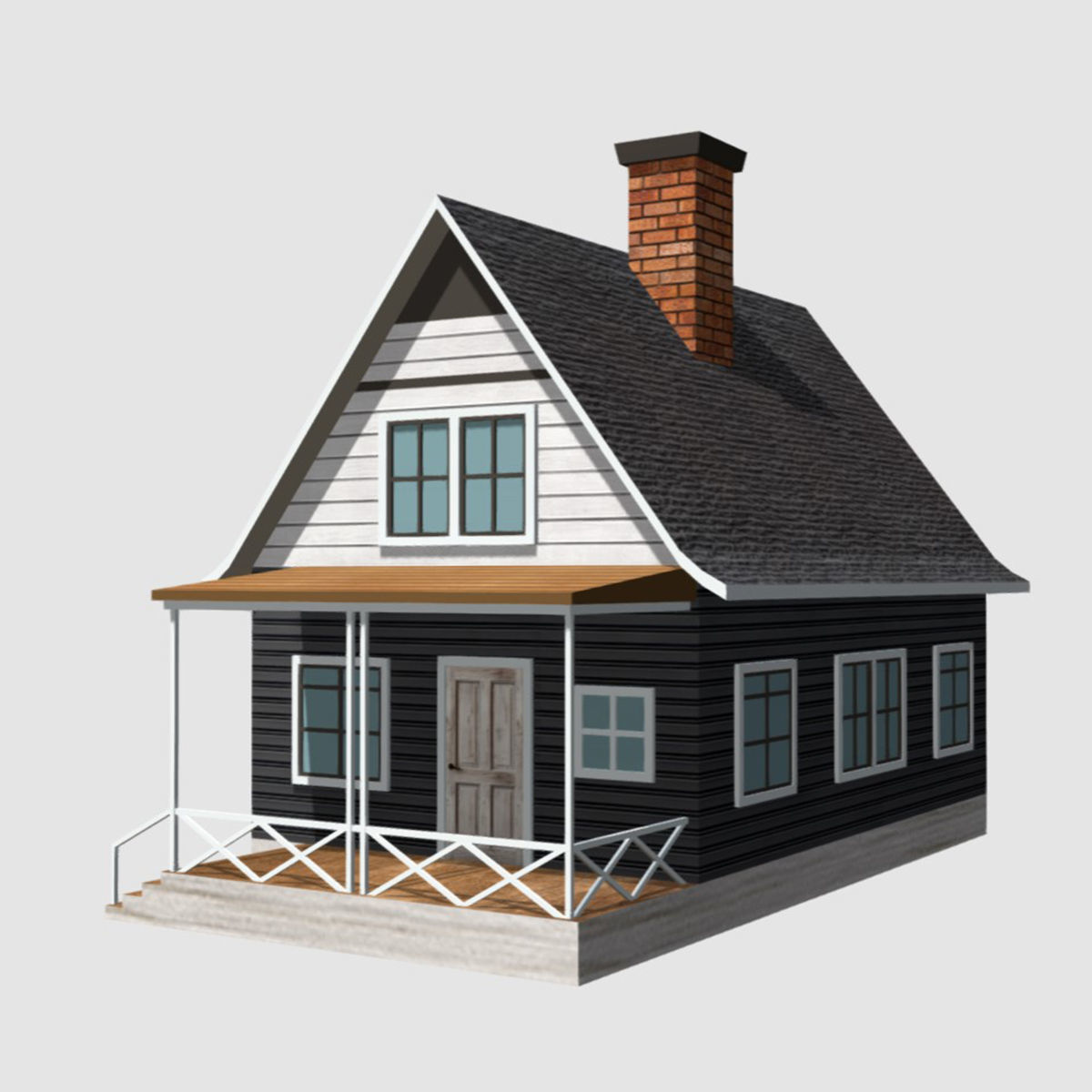 American Style Cottage - Town House Model Low-poly 3D model_1