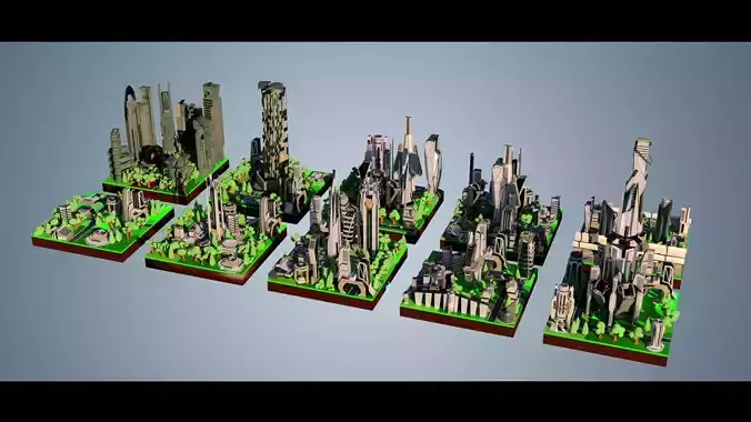 10 Stylized Futuristic City Block Areas plus flying cars