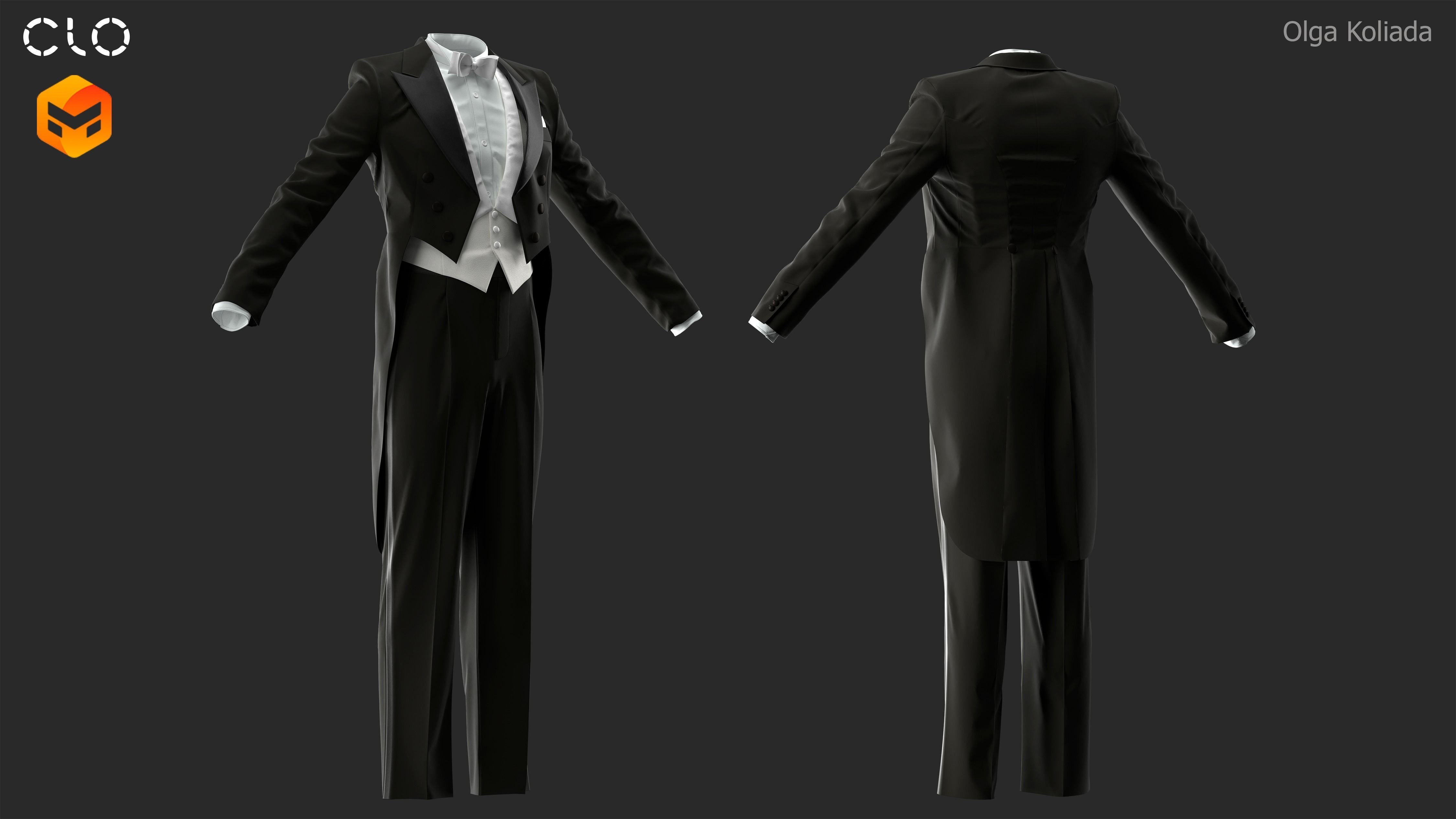 Tailcoat suit Marvelous Designer project and OBJ 3D model_2