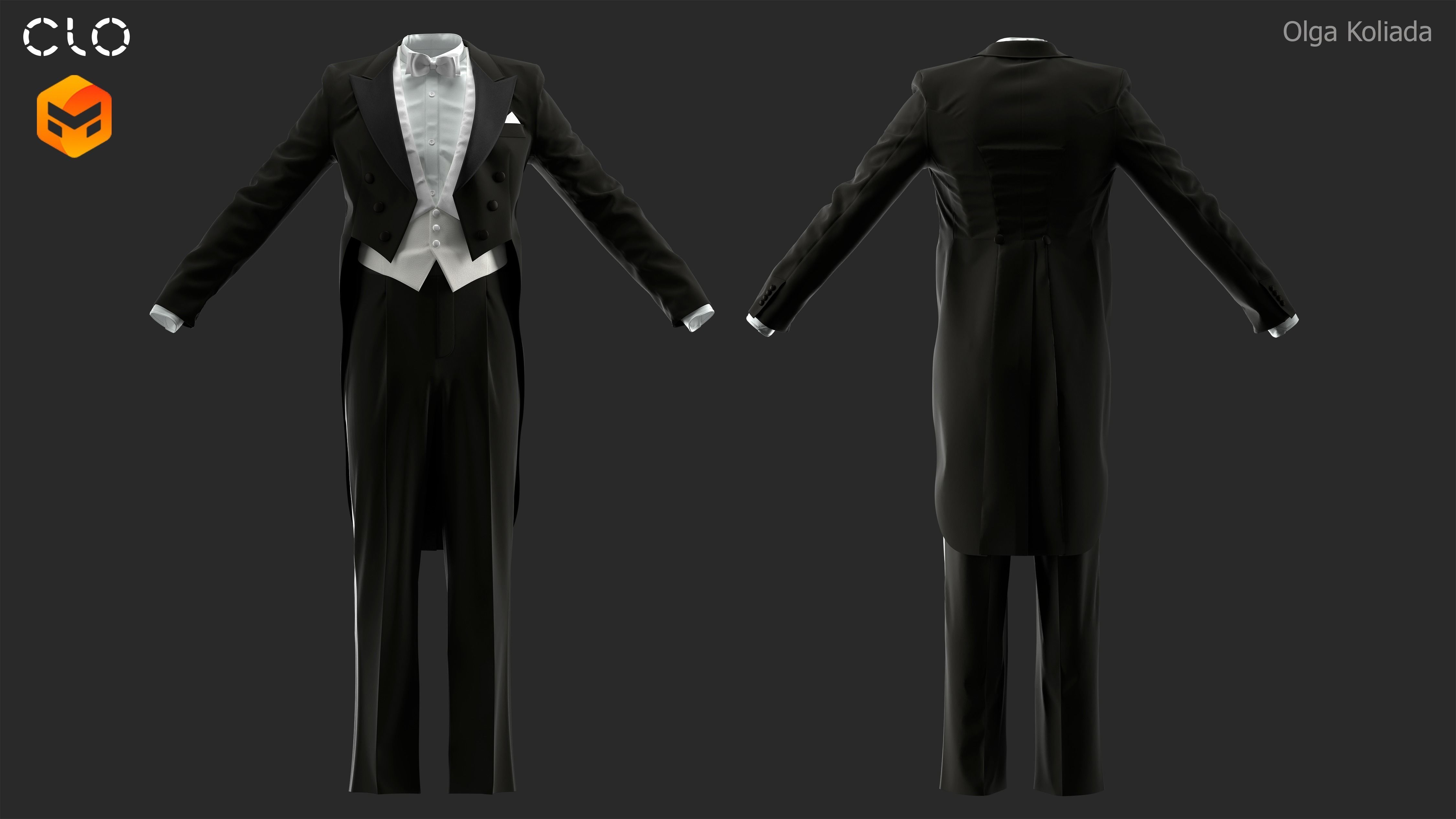 Tailcoat suit Marvelous Designer project and OBJ 3D model_3