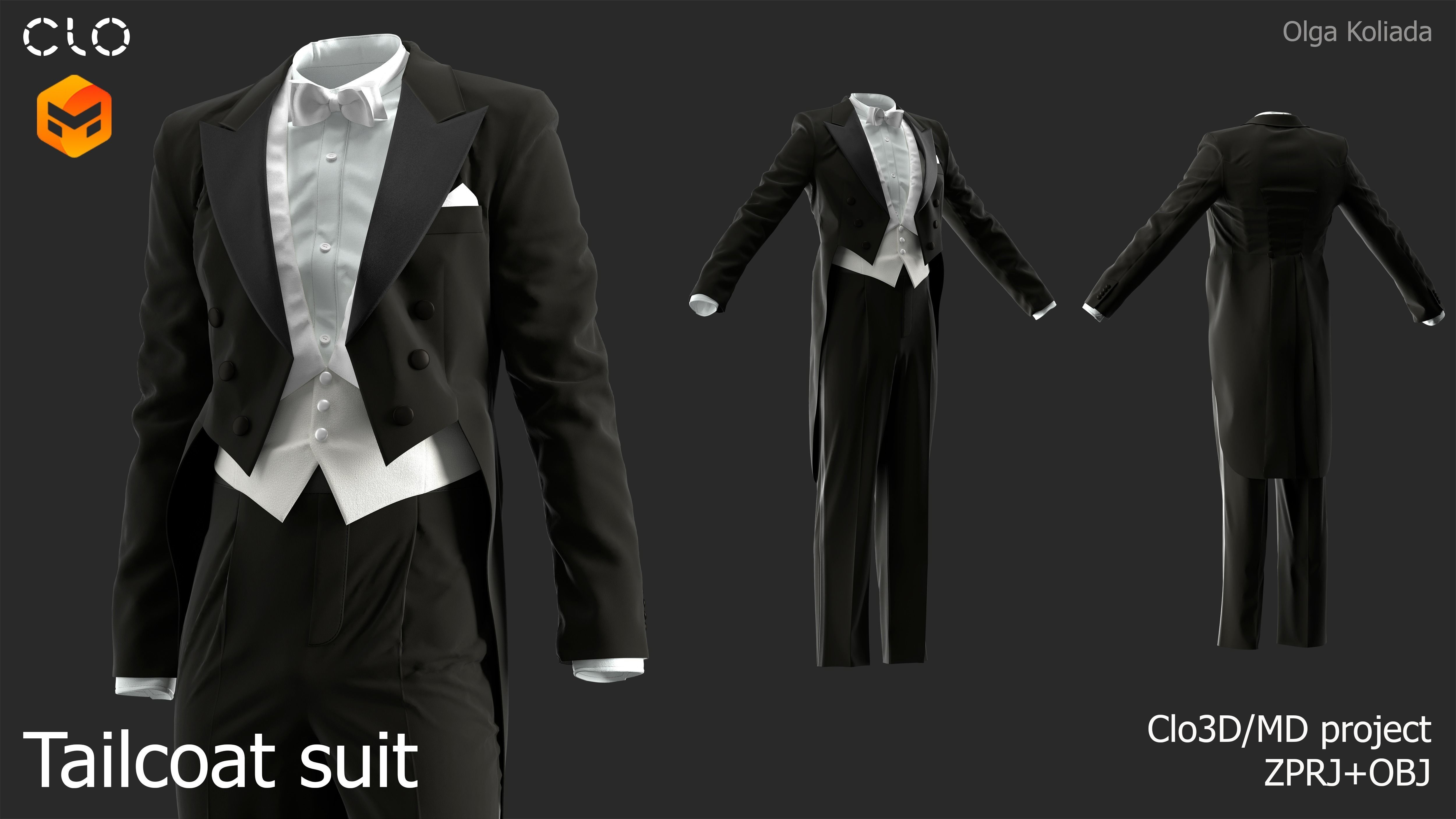 Tailcoat suit Marvelous Designer project and OBJ 3D model_1