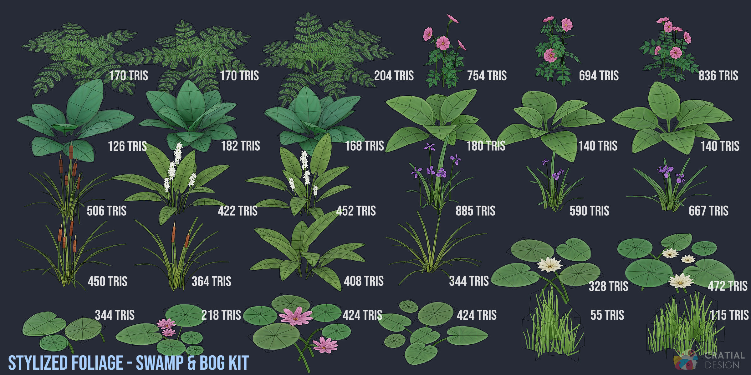 Stylized Swamp and Bog Foliage Kit Low-poly 3D model_8
