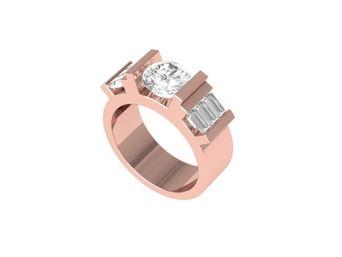 Round and baguette Stone Ring 3D print model_2