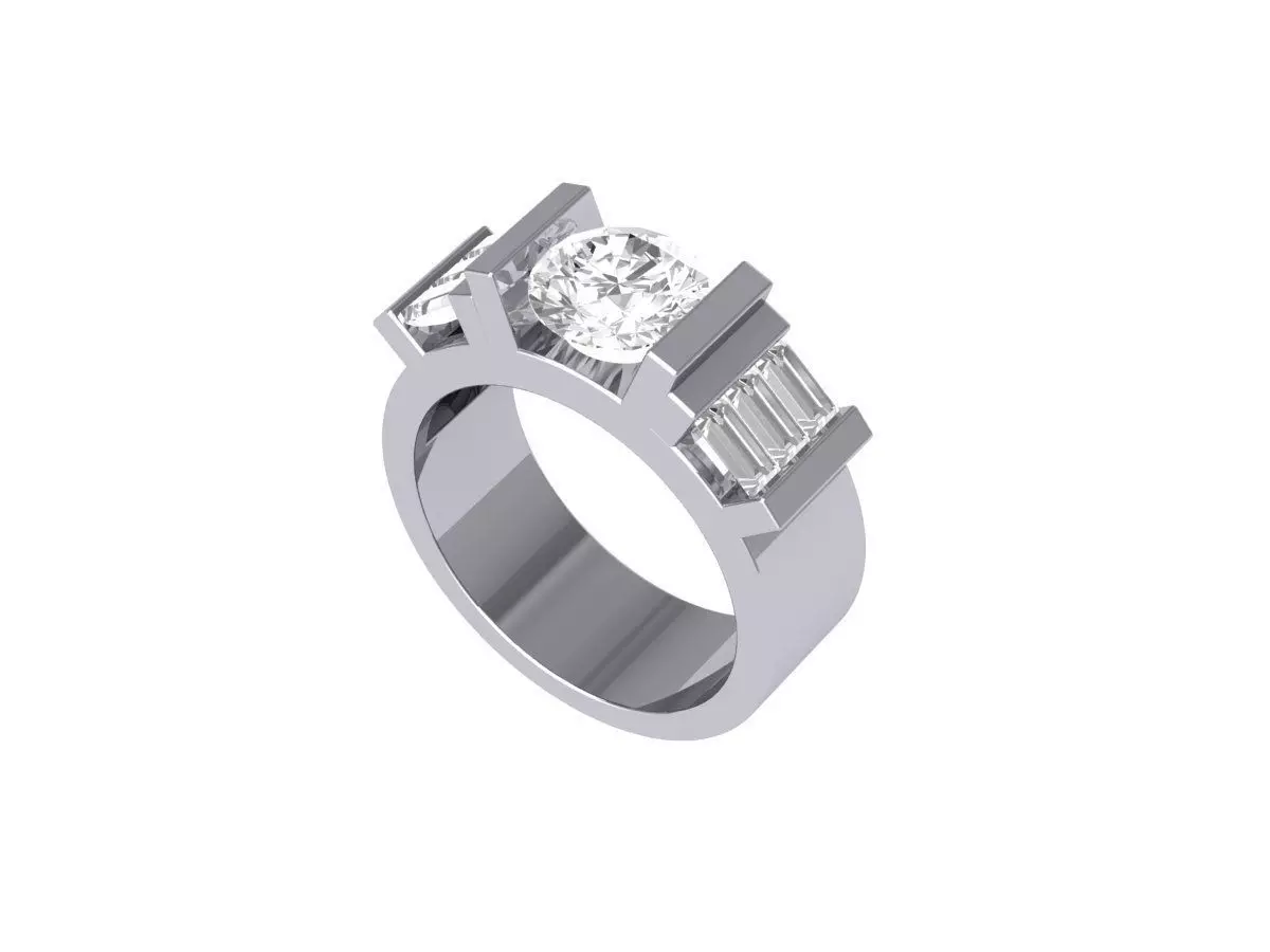 Round and baguette Stone Ring 3D print model_0