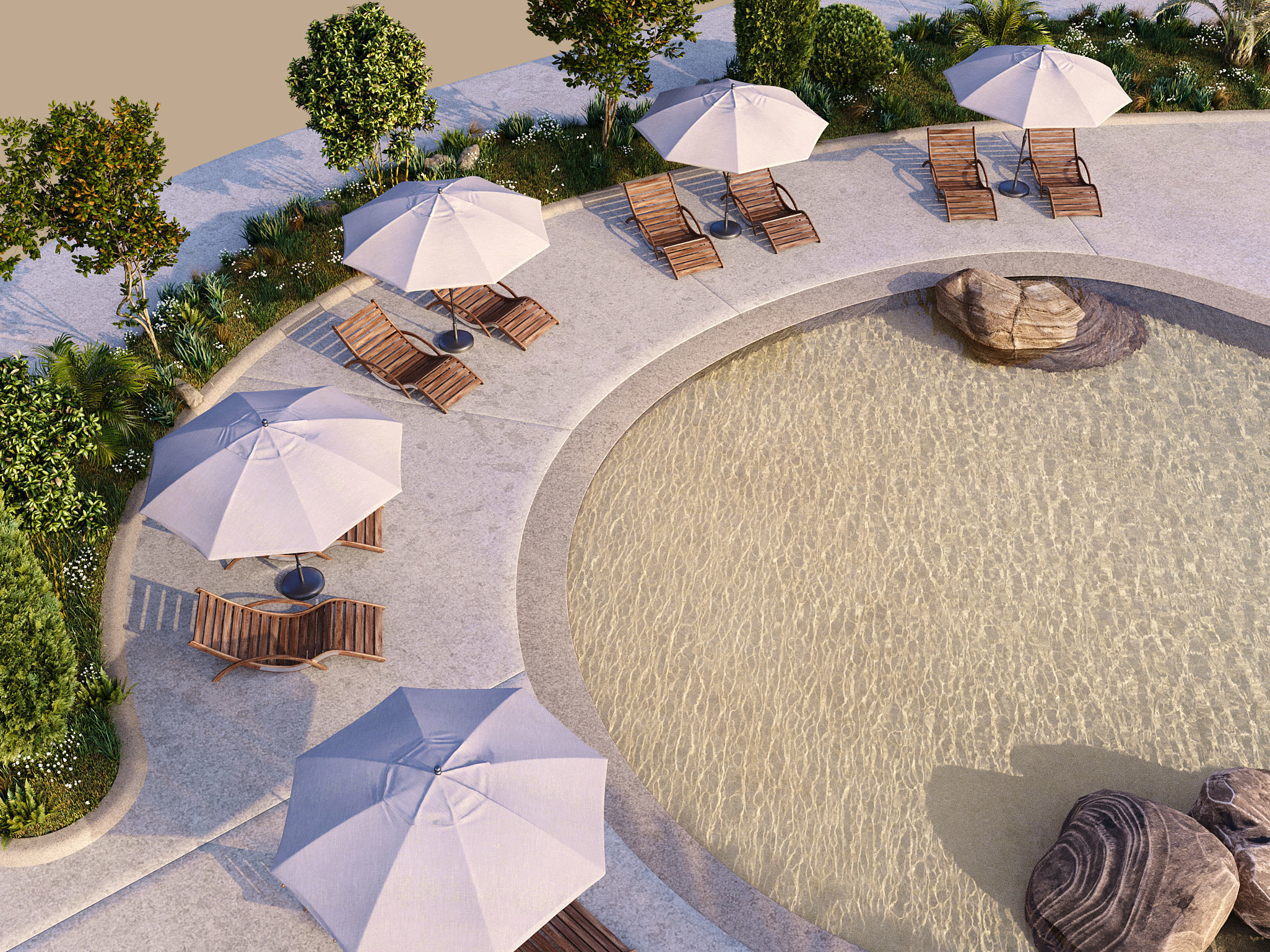 Swimming Pool with Loungers Umbrellas and  Plants 3D model_4