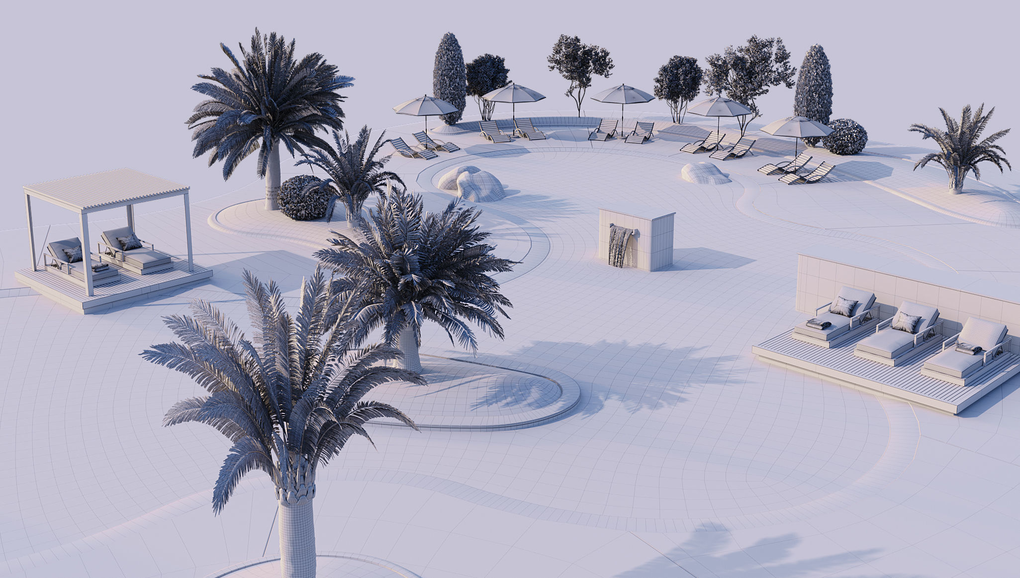 Swimming Pool with Loungers Umbrellas and  Plants 3D model_11