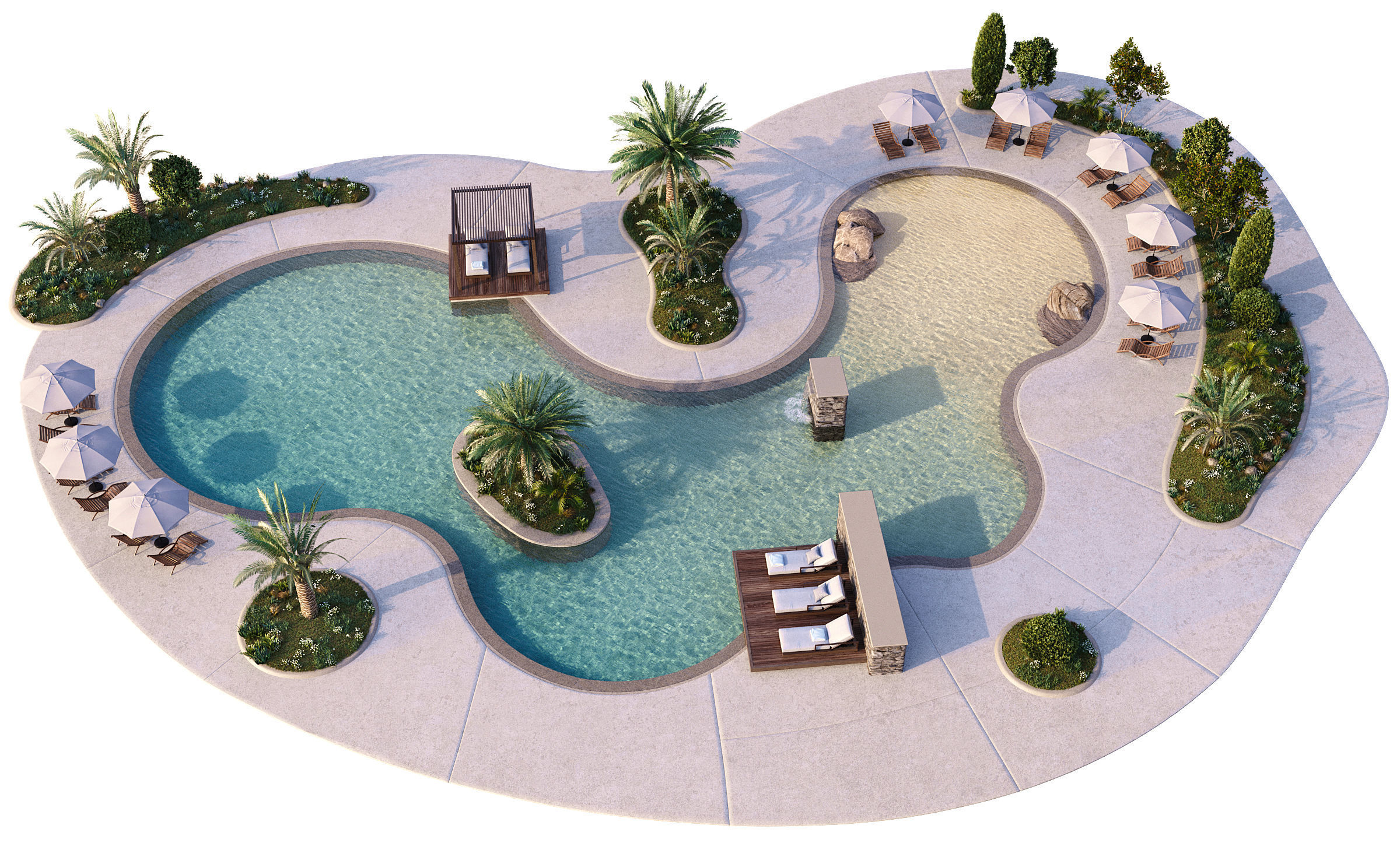 Swimming Pool with Loungers Umbrellas and  Plants 3D model_0