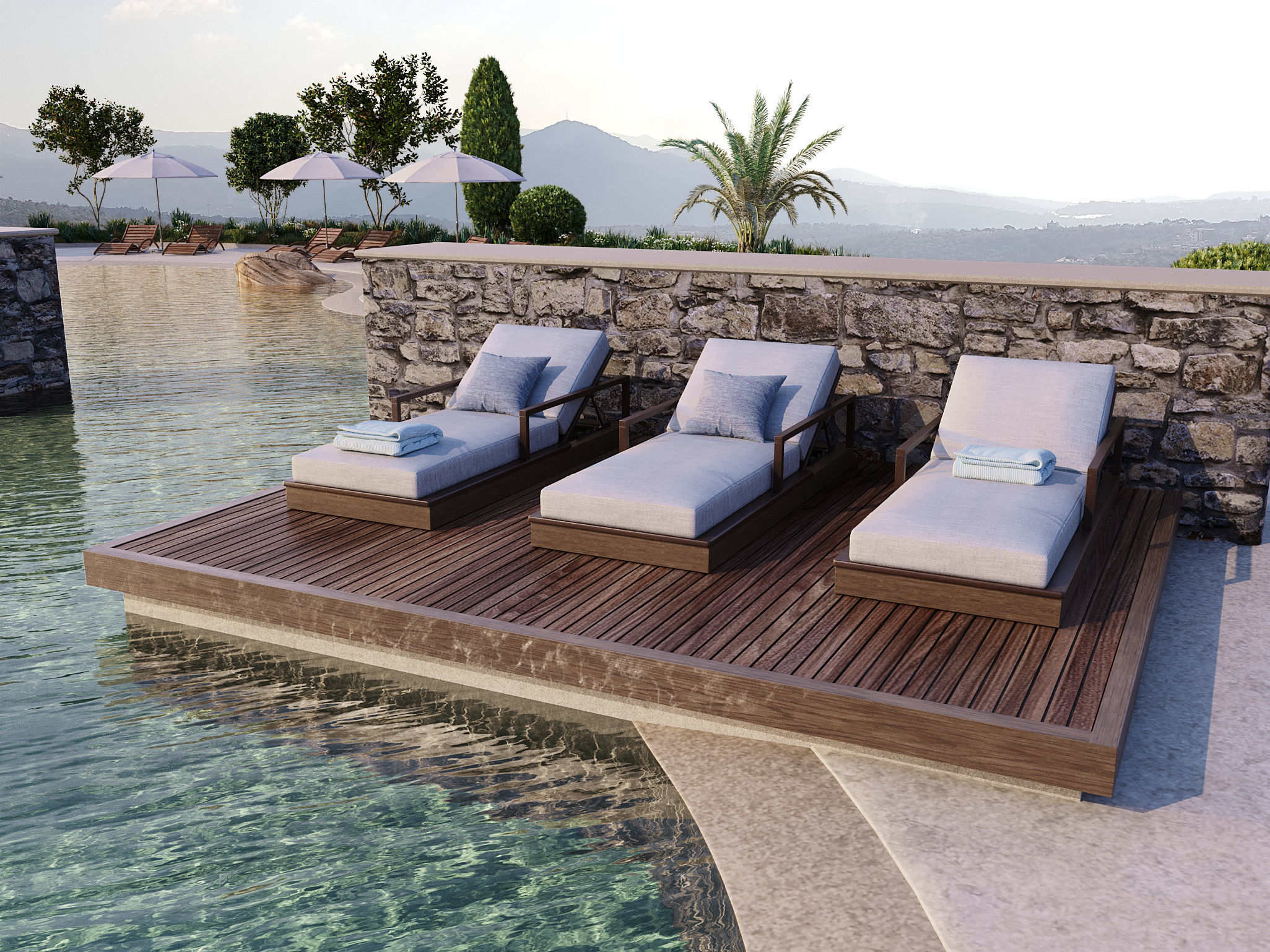 Swimming Pool with Loungers Umbrellas and  Plants 3D model_7