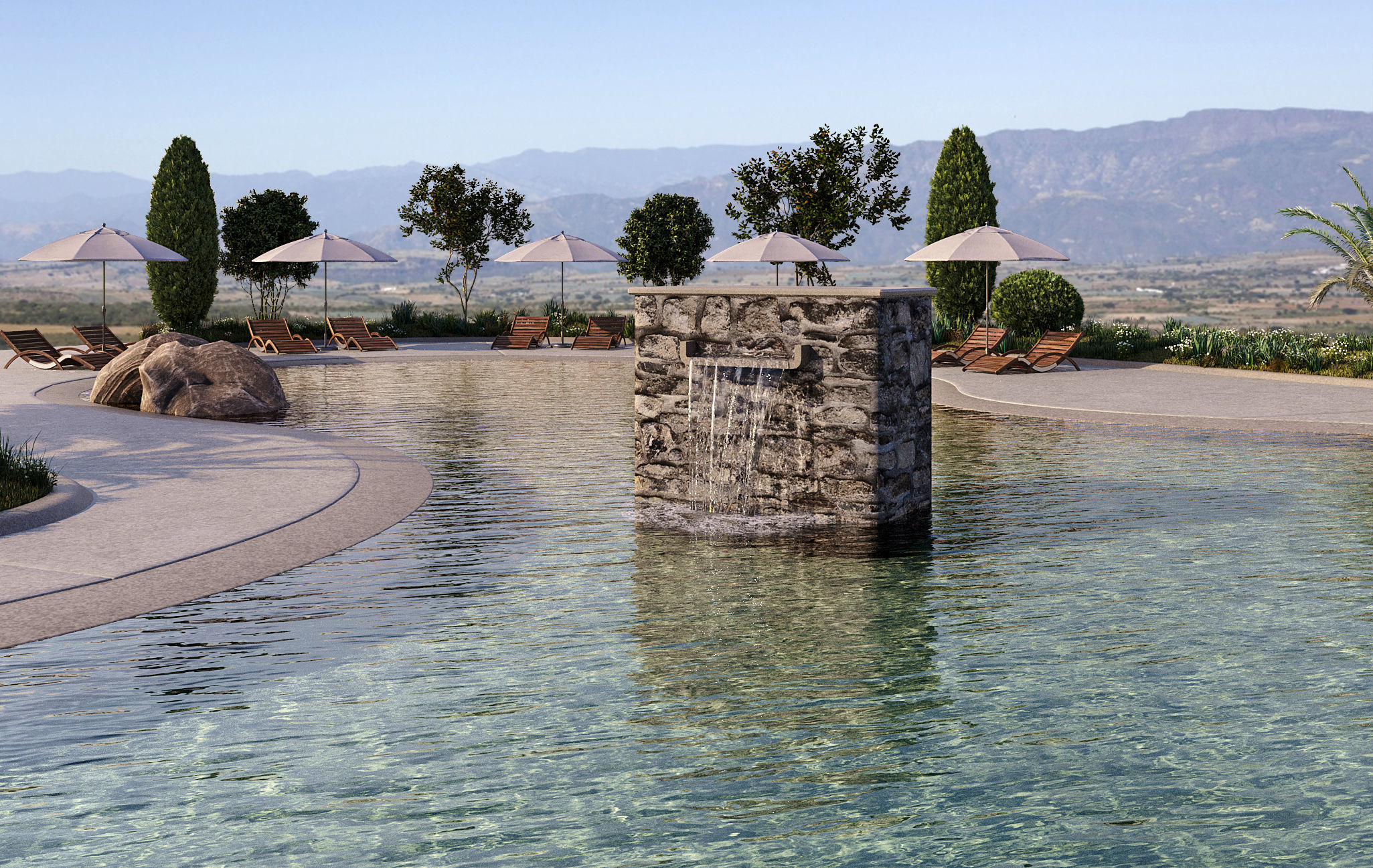 Swimming Pool with Loungers Umbrellas and  Plants 3D model_6