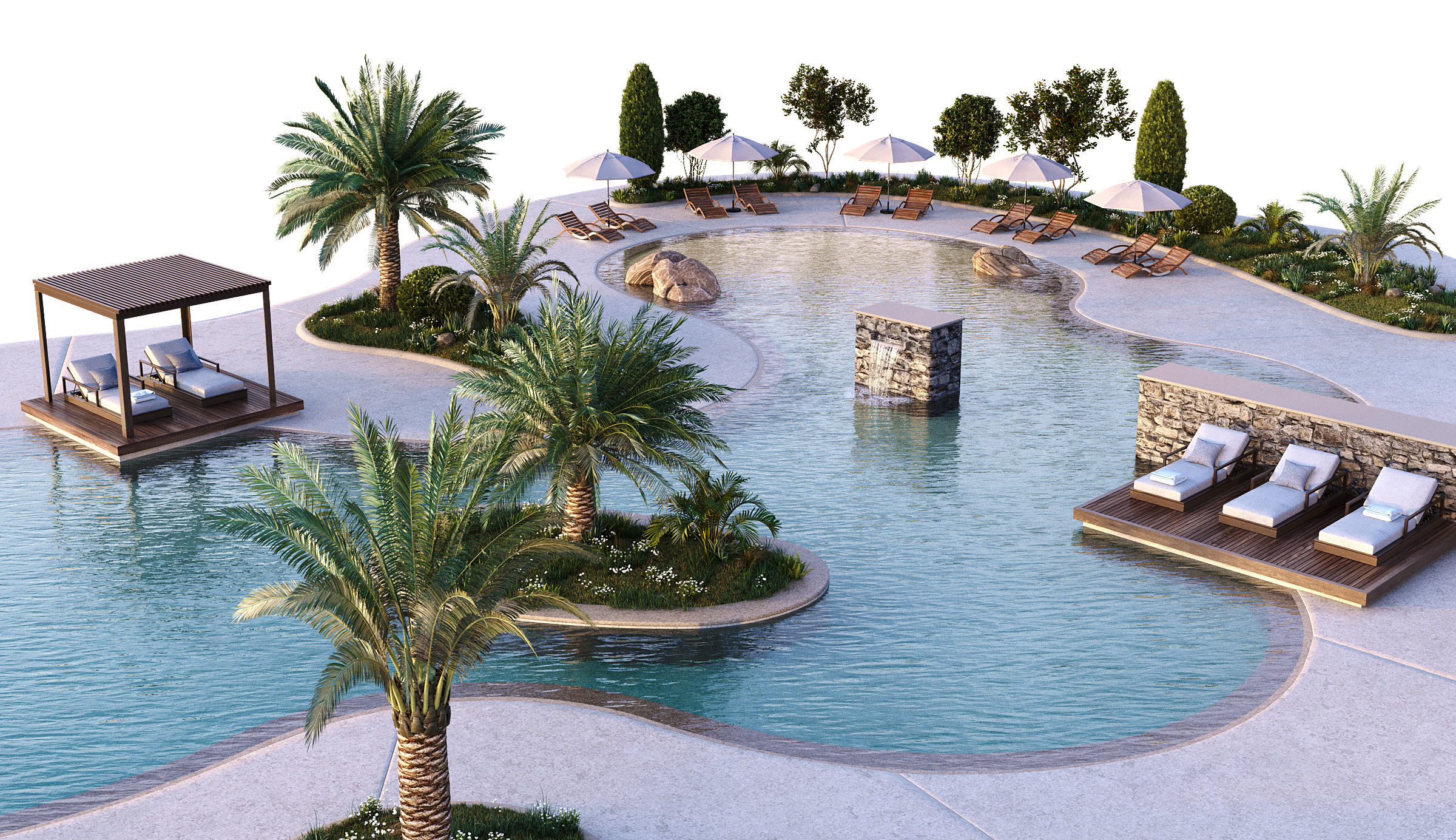 Swimming Pool with Loungers Umbrellas and  Plants 3D model_1