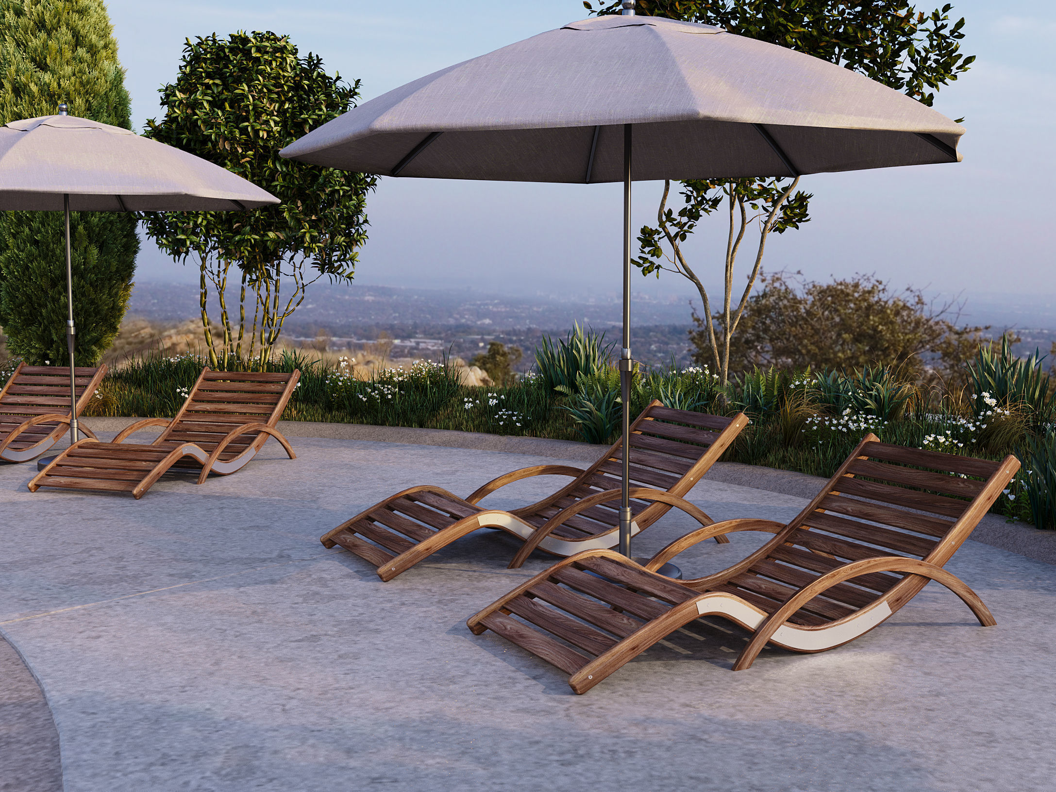 Swimming Pool with Loungers Umbrellas and  Plants 3D model_8