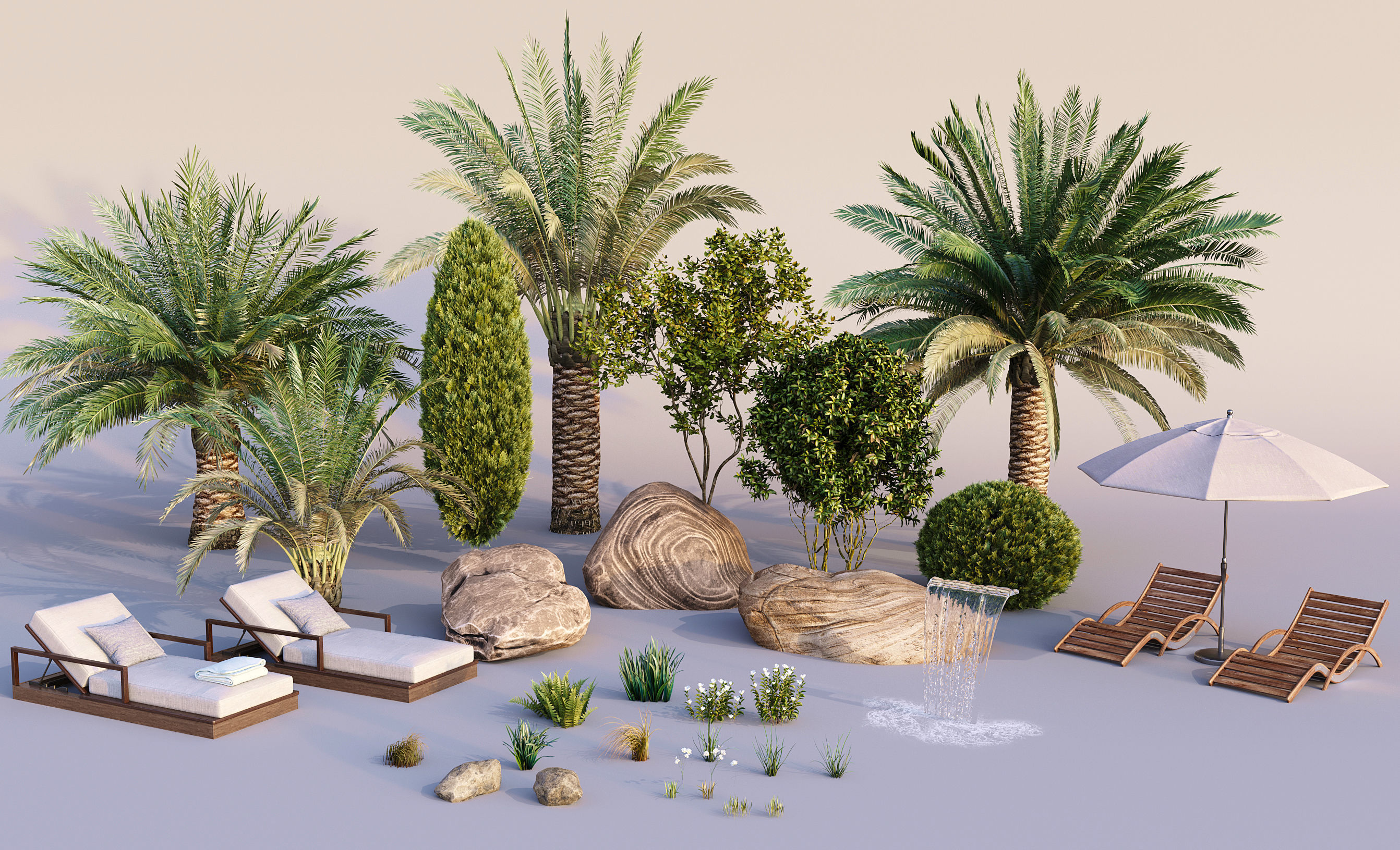 Swimming Pool with Loungers Umbrellas and  Plants 3D model_9