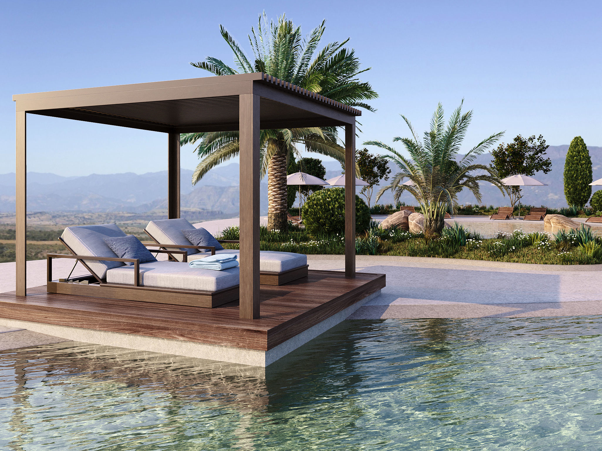 Swimming Pool with Loungers Umbrellas and  Plants 3D model_5
