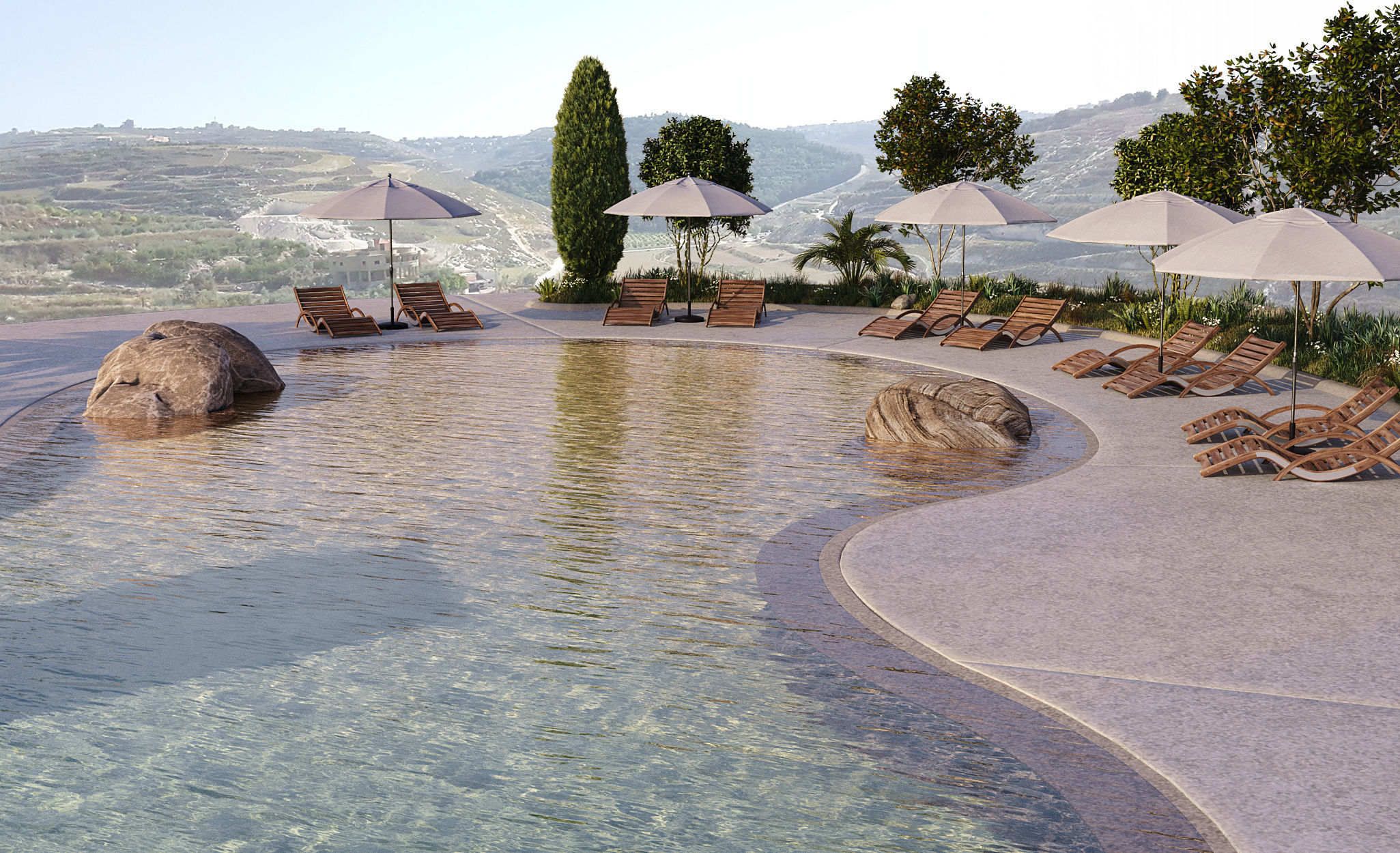 Swimming Pool with Loungers Umbrellas and  Plants 3D model_2