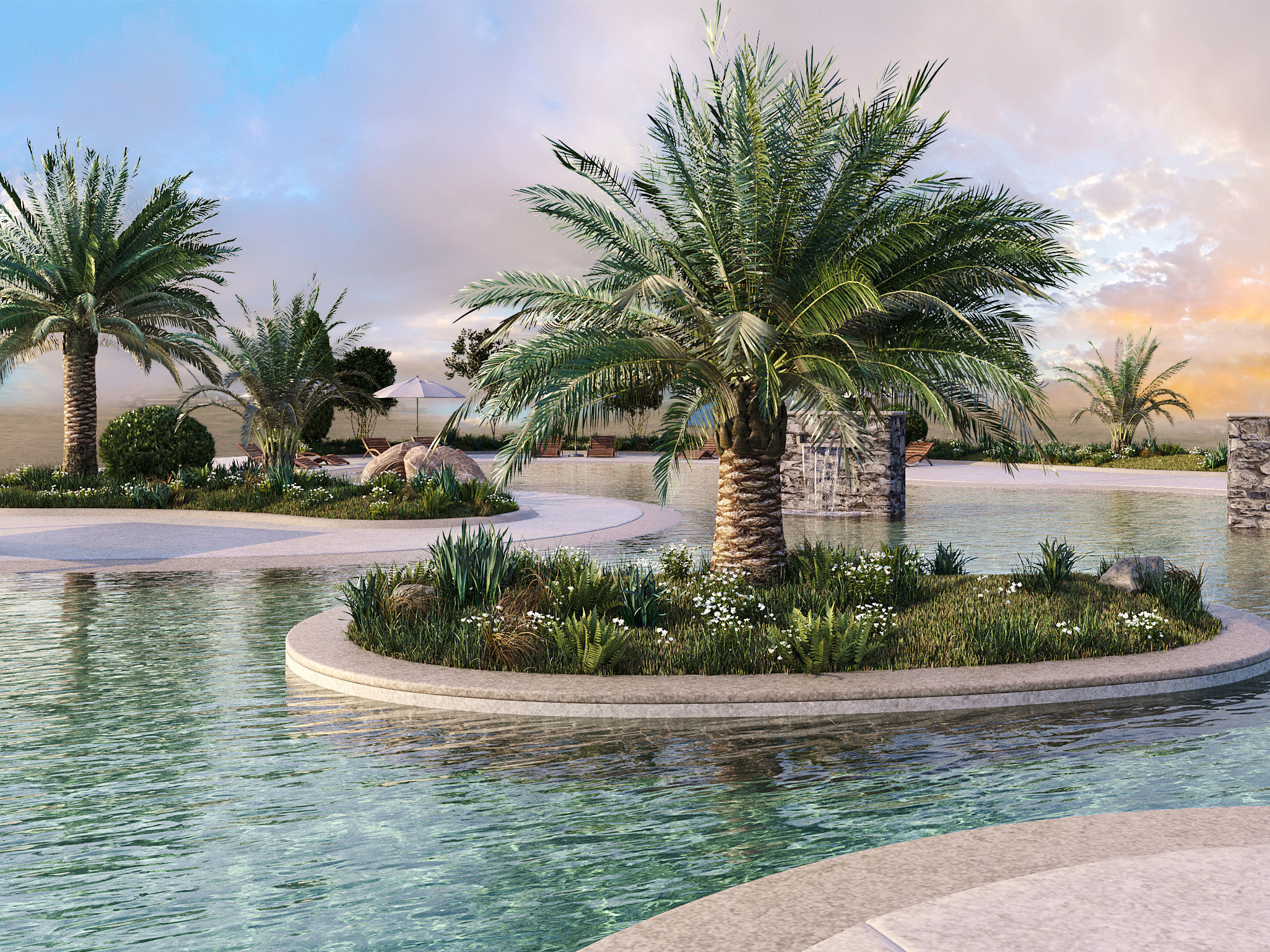 Swimming Pool with Loungers Umbrellas and  Plants 3D model_3