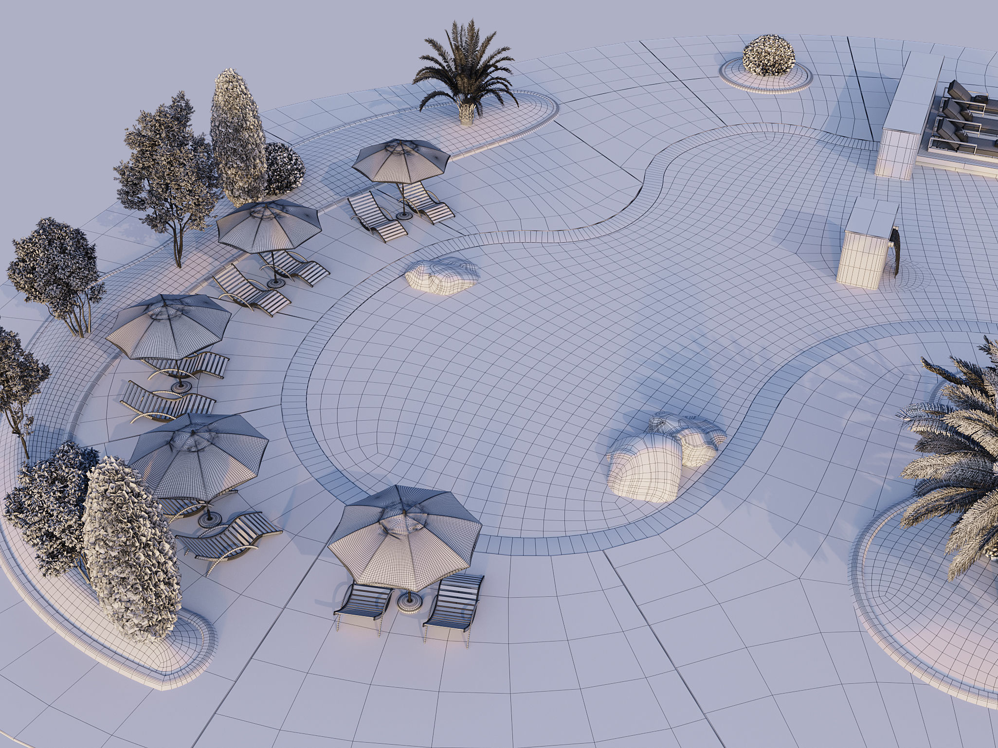 Swimming Pool with Loungers Umbrellas and  Plants 3D model_10