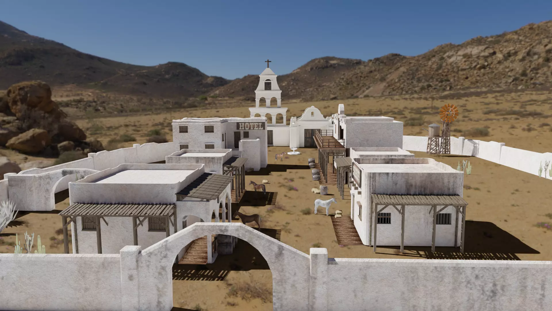 MEXICAN low poly western cowboy village in kit Low-poly 3D model_0